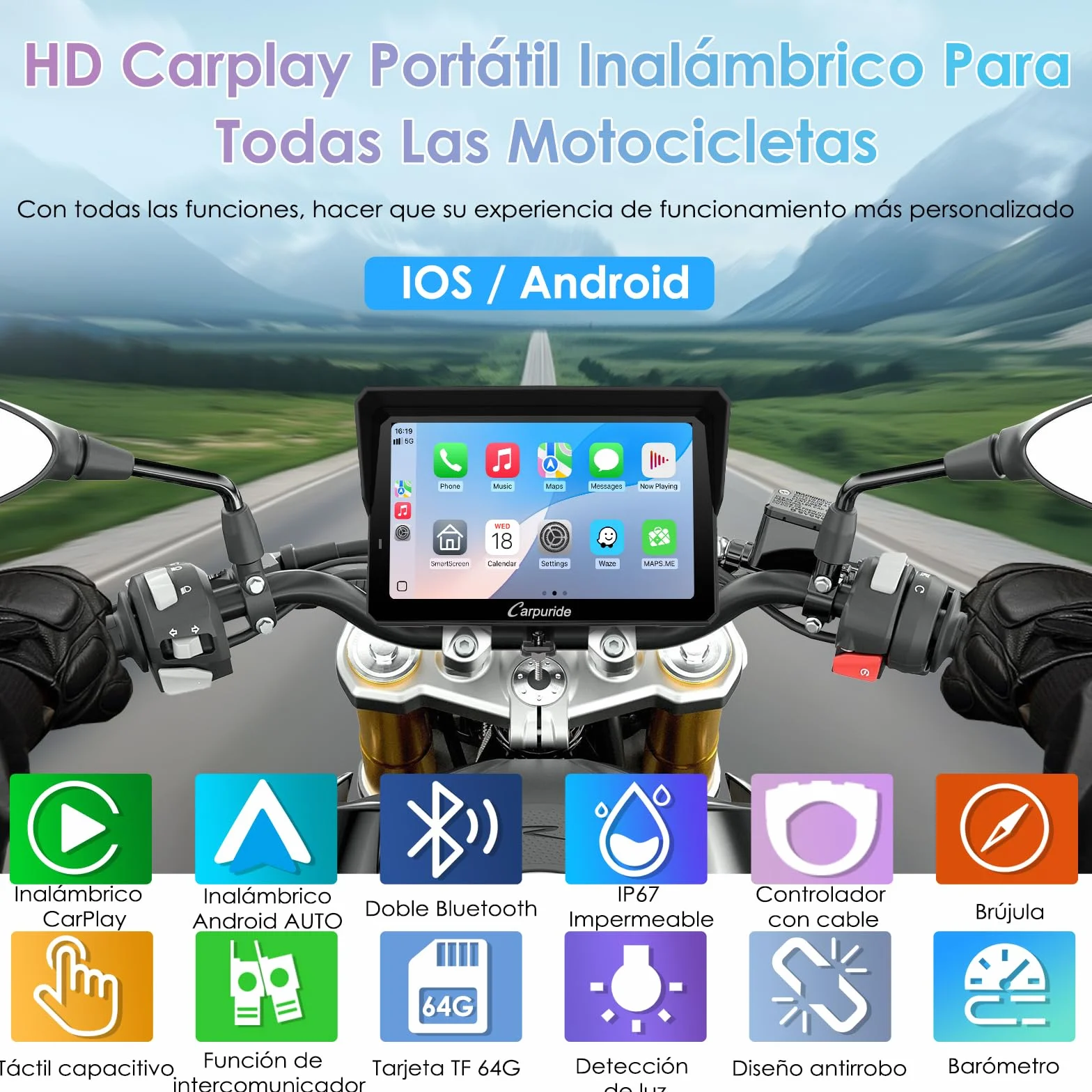 CARPURIDE W702S Pro Motocicleta CarPlay 7" Impermeable Táctil Pantalla Inalámbrico Android Auto Dual Bluetooth