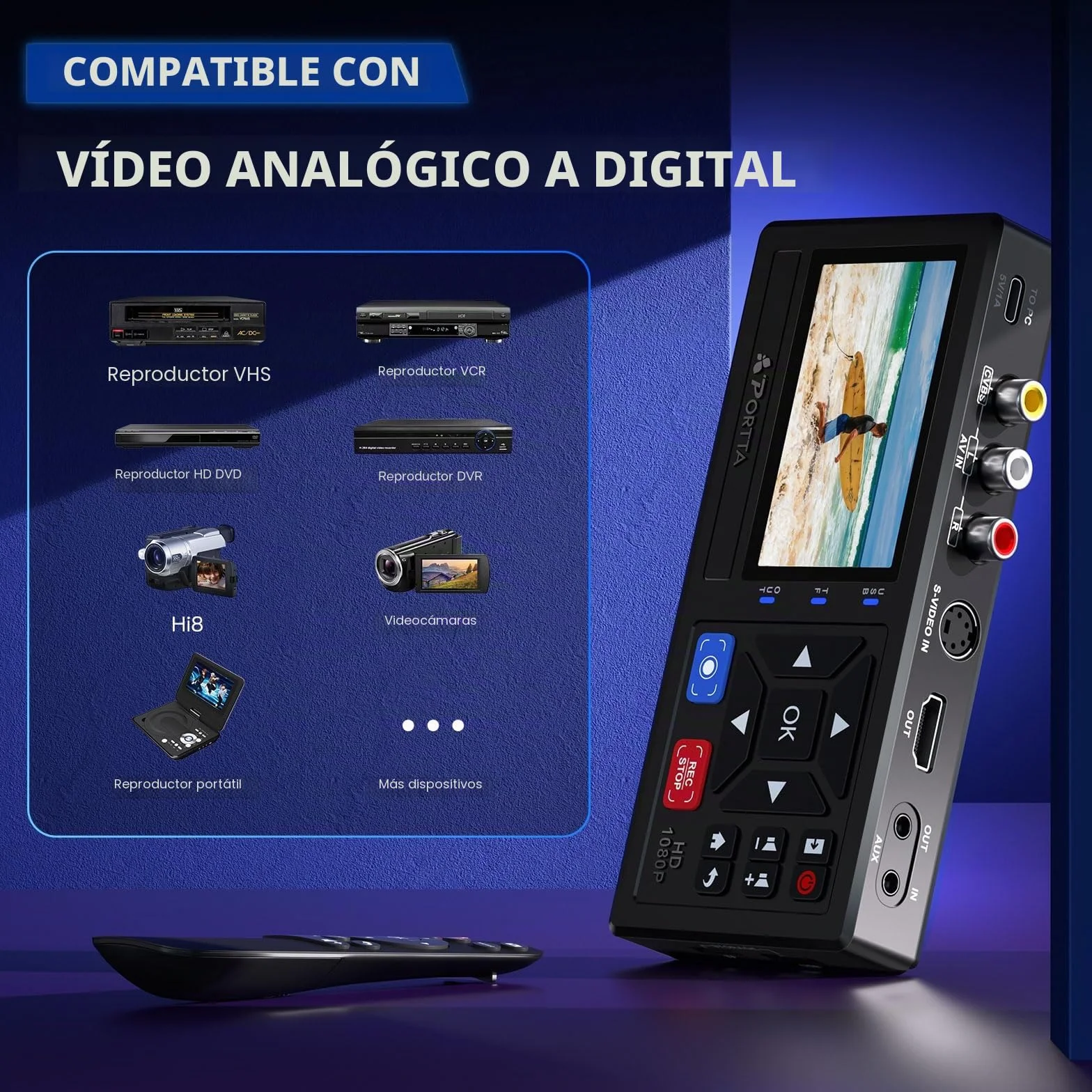 Portta VHS to Digital Convertidor, VHS a Digital Grabador con Remote, RCA to HDMI Converter Compatible con VHS, VCR, DVR, DVD, Hi8, Mini DV, Camcorder, Cassette Tape, Gaming Consoles