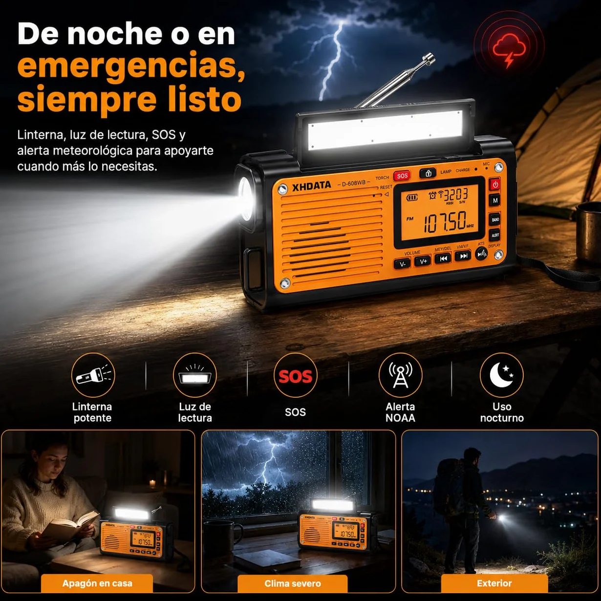 XHDATA D608WB Radio de Emergencia Portátil FM/AM/SW Manivela Solar 3000mAh con Alarma SOS y Bluetooth
