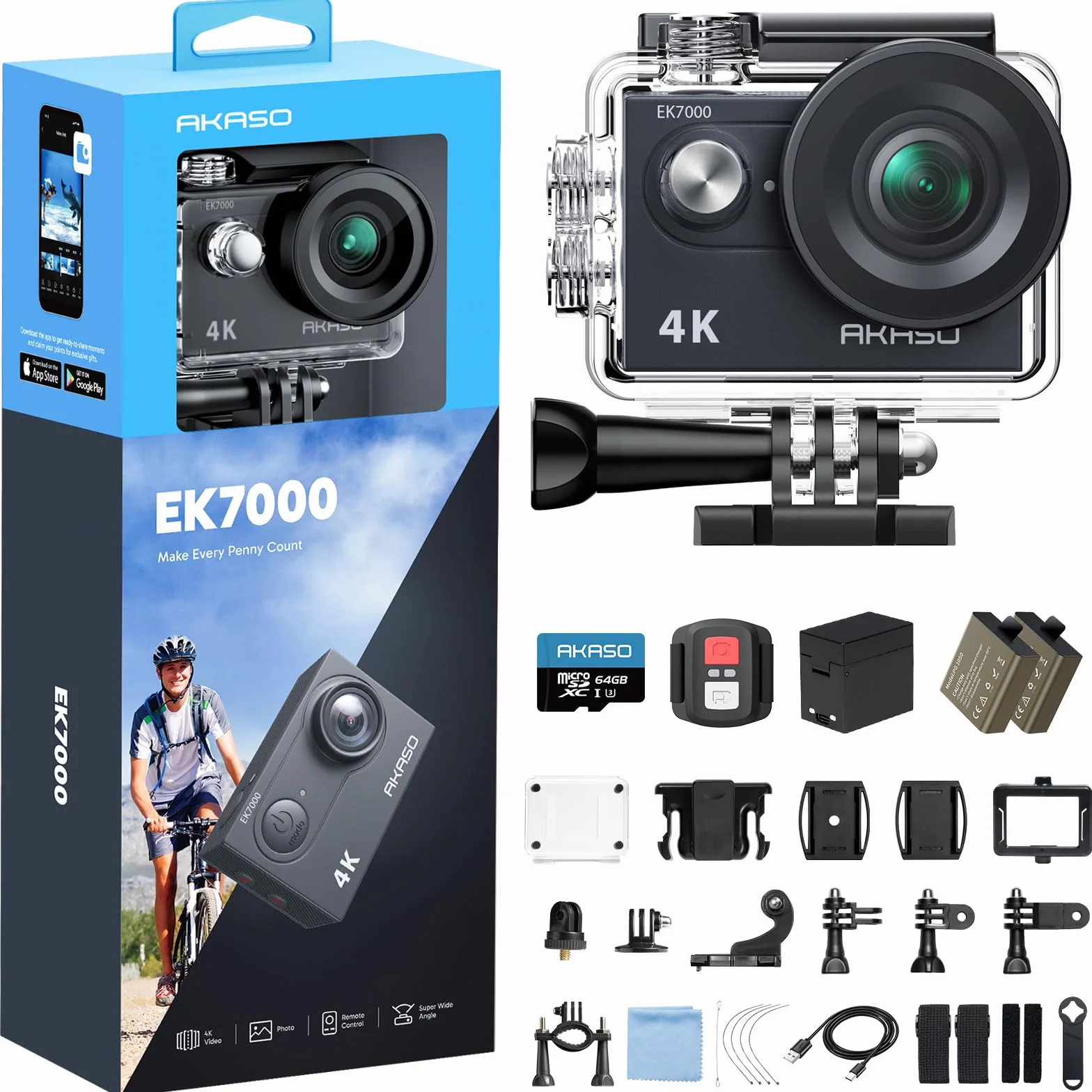AKASO EK7000 Cámara Deportiva 4K 20MP WiFi 170° Gran Ángulo EIS Control Remoto 2.4G Sumergible 30M 2 Baterías 64GB