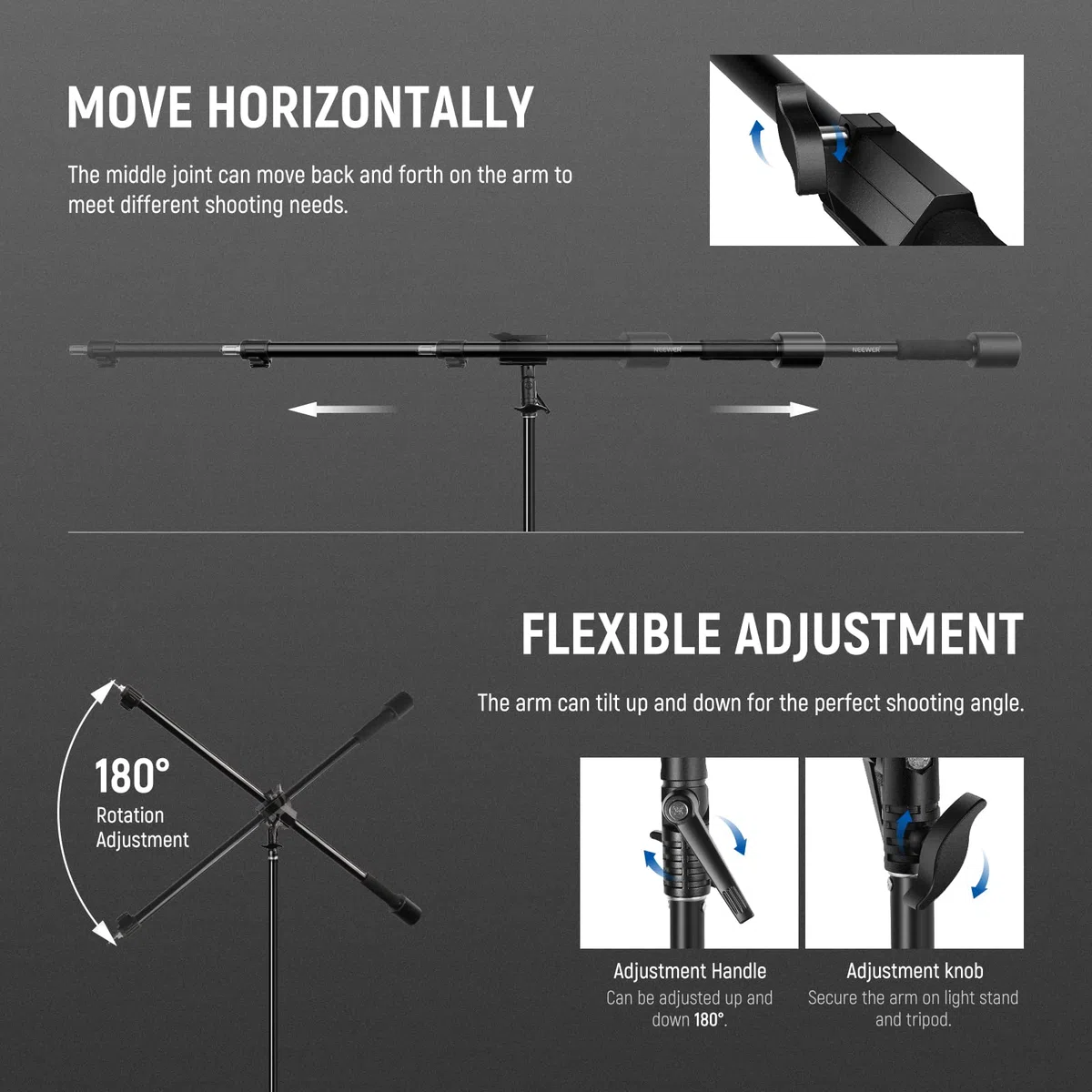 NEEWER Brazo Trípode, 35" a 61" (89 a 155cm) con Contrapeso de 1,5KG y Saco de Arena, Tornillo de 1/4" Compatible con Softbox, Luz de Estudio, Flash, Paraguas, Anillo de Luz, Carga Máxima: 5KG