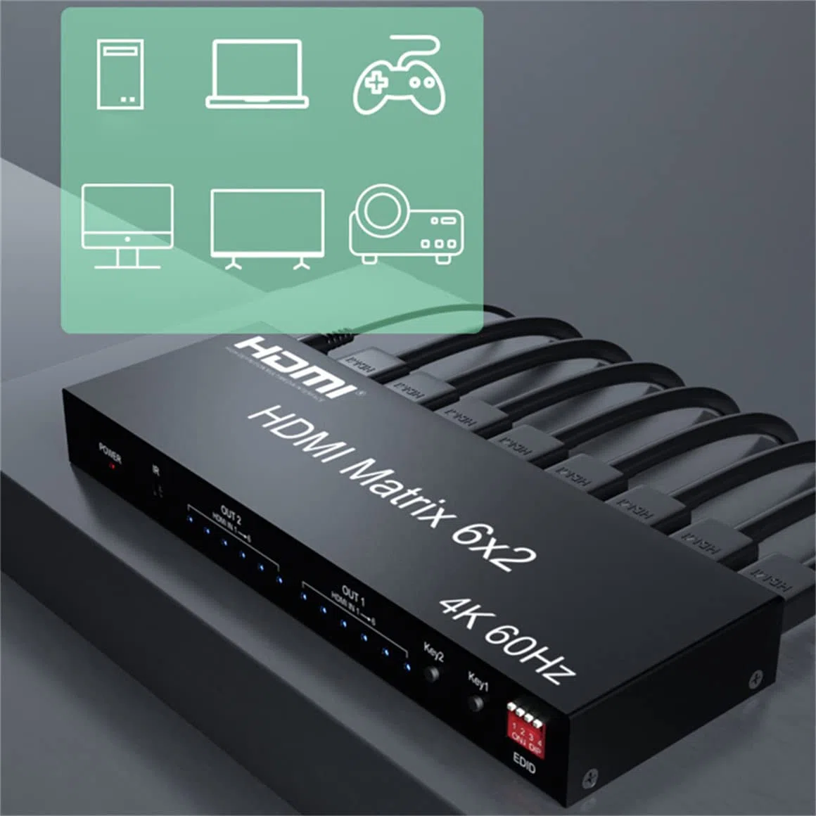 4K 60Hz 6x2 HDMI Matriz 6 IN 2 OUT HDMI Splitter Switch 4x2 Audio Video Convertidor con EDID para PC, TV, Doble Pantalla