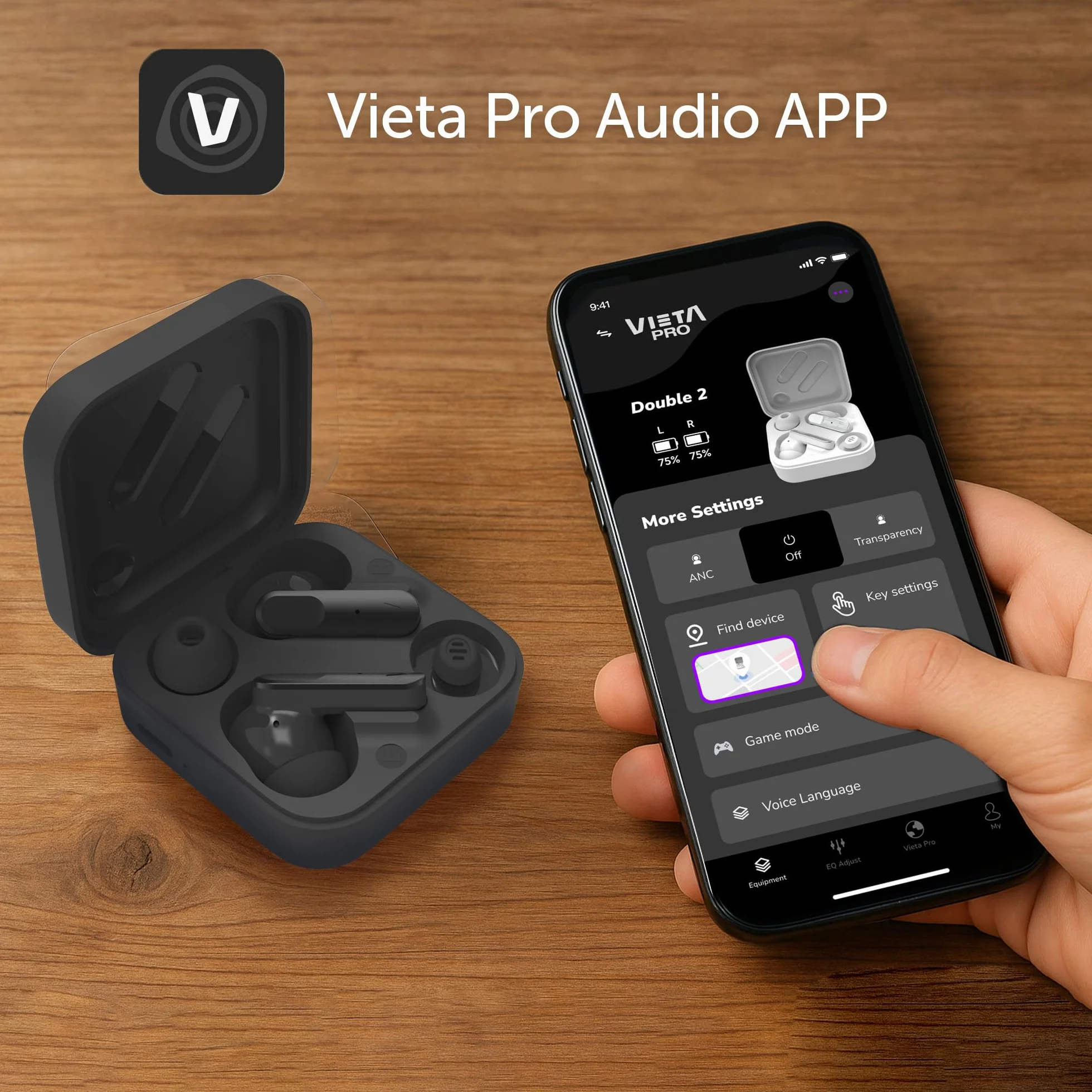 Vieta Pro Auriculares True Wireless Cancelación Activa Ruido 16dB Dual Pairing 6 Mic ENC Autonomía 28h App Double 2 Negro