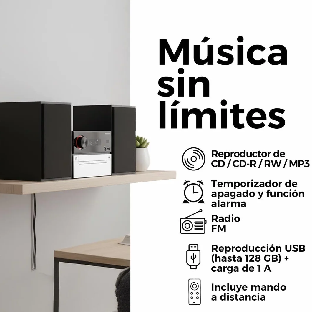 Sunstech Sistema Hi-Fi con conexión inalámbrica 5.3 + EDR | Microcadena con 30 W de Potencia, Reproductor CD/CD-R/MP3, Radio FM con 40 presintonías, Puerto USB y Entrada AUX-IN 3.5 mm