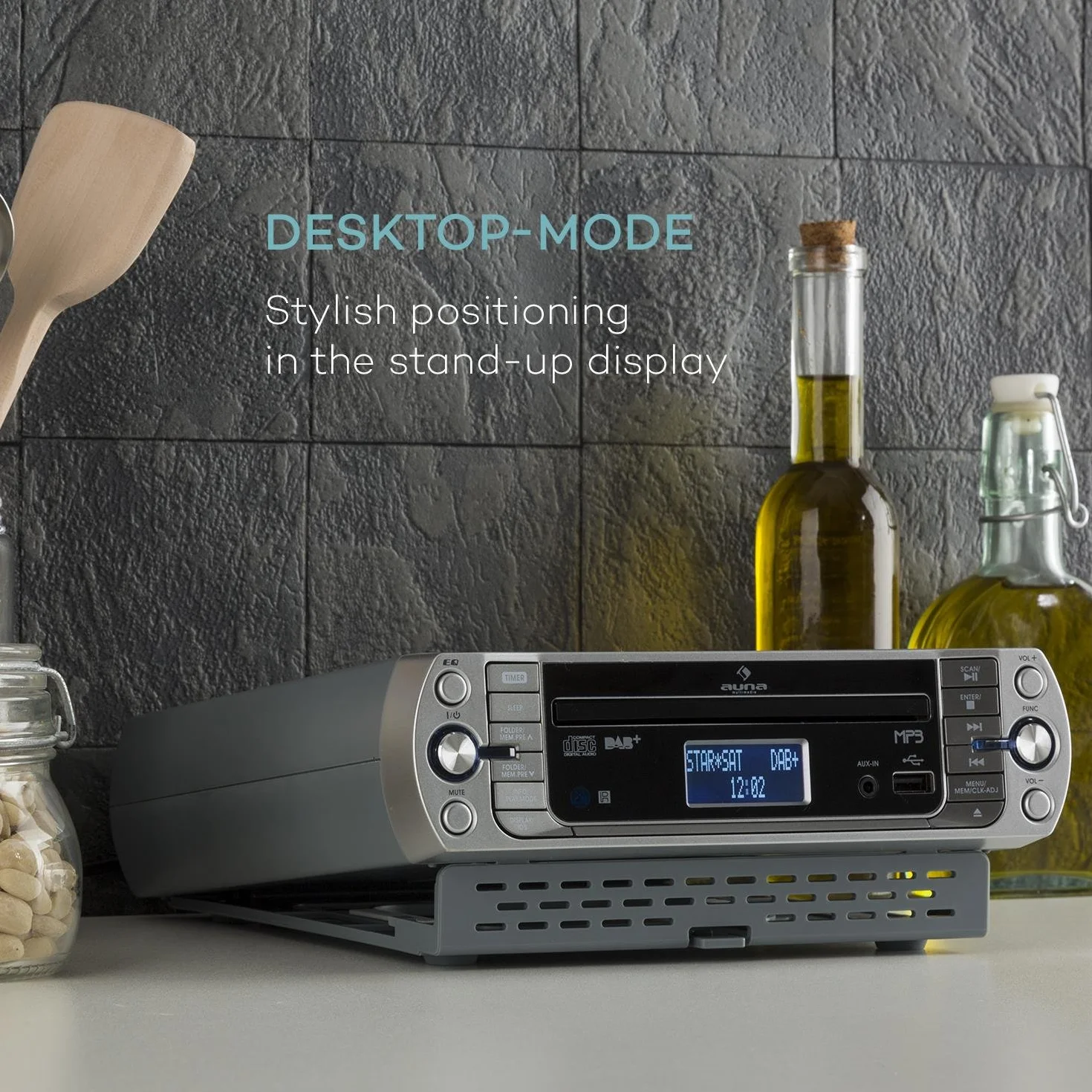 KR-400 CD Radio de Cocina, Radio bajo Mueble, DAB+/PLL FM, Reproductor CD/MP3, Bluetooth, AUX, USB, Memoria para 40 emisoras, Pantalla LCD, Alarma, Mando a Distancia, Plateado