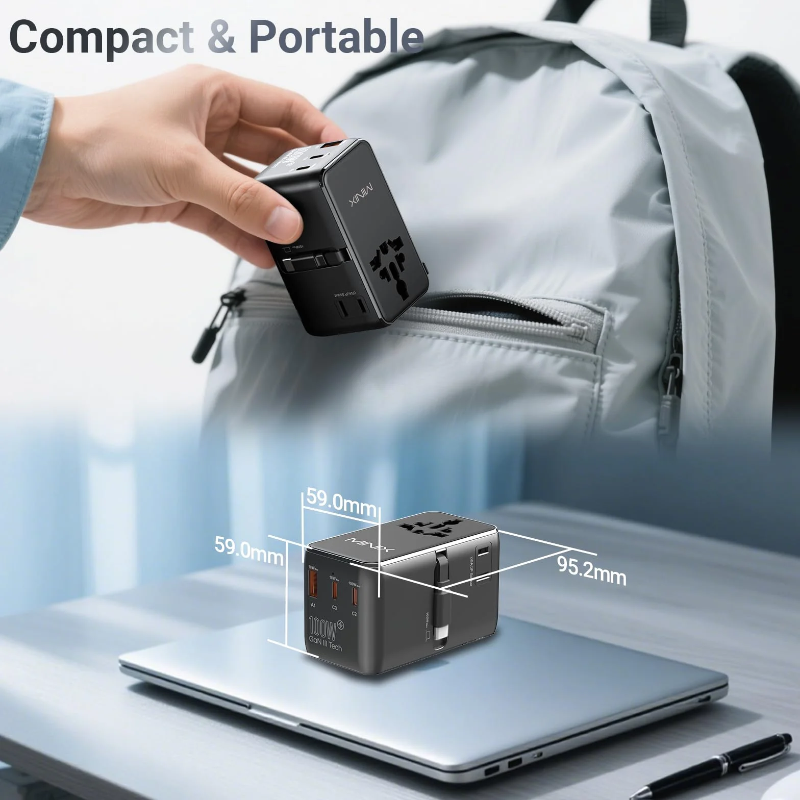 MINIX - Adaptador de viaje universal de 100 W con cable USB C retráctil, PD 3.0 GaN III, puertos USB-C * 3 USBA * 1, enchufe AC, cargador de viaje mundial para ordenadores portátiles y tablets