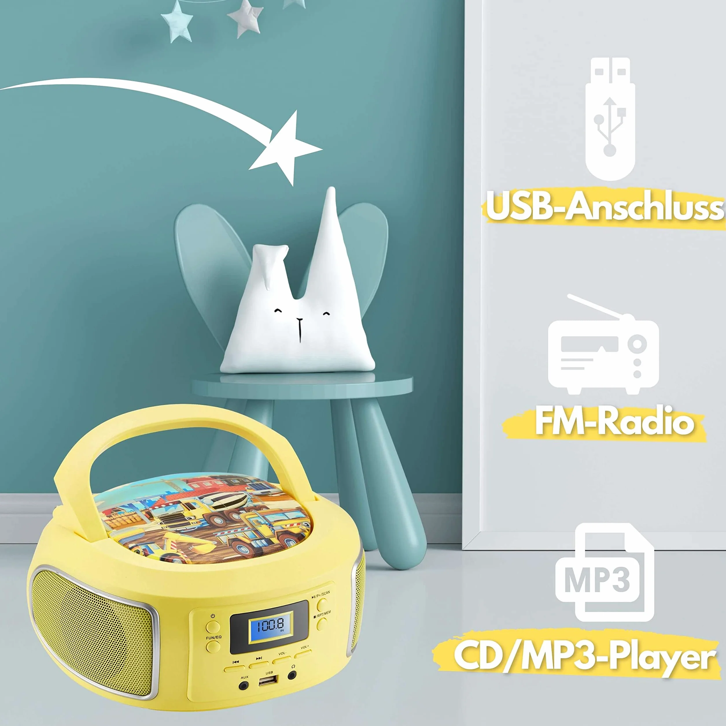 Boombox portátil | Radio FM | AUX-In | CD/CD-R | USB | Conector para auriculares | Sistema compacto | Reproductor de CD | Radio CD | Sistema estéreo | Radio infantil | Boombox (amarillo glamo)