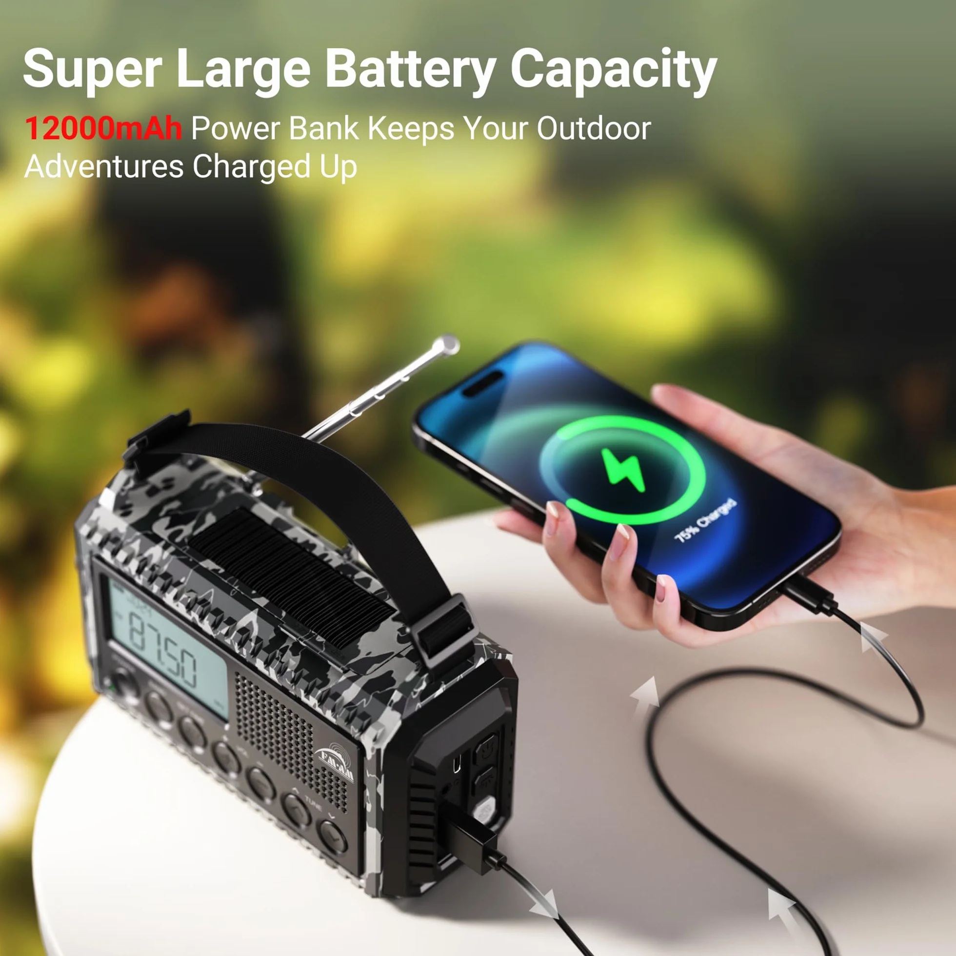Mesqool Radio de Manivela 12000 mAh Recargable Portátil AM/FM/SW Linterna Lectura Emergencia Tipo C