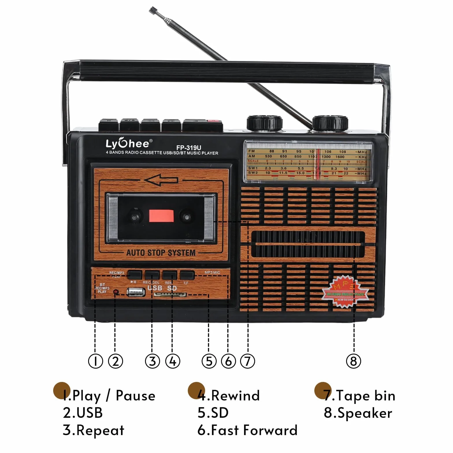 Lychee Boombox Grabador Reproductor Cassette Retro Portátil Radio AM/FM/SW1-2 Cuatro Bandas SD USB Marrón