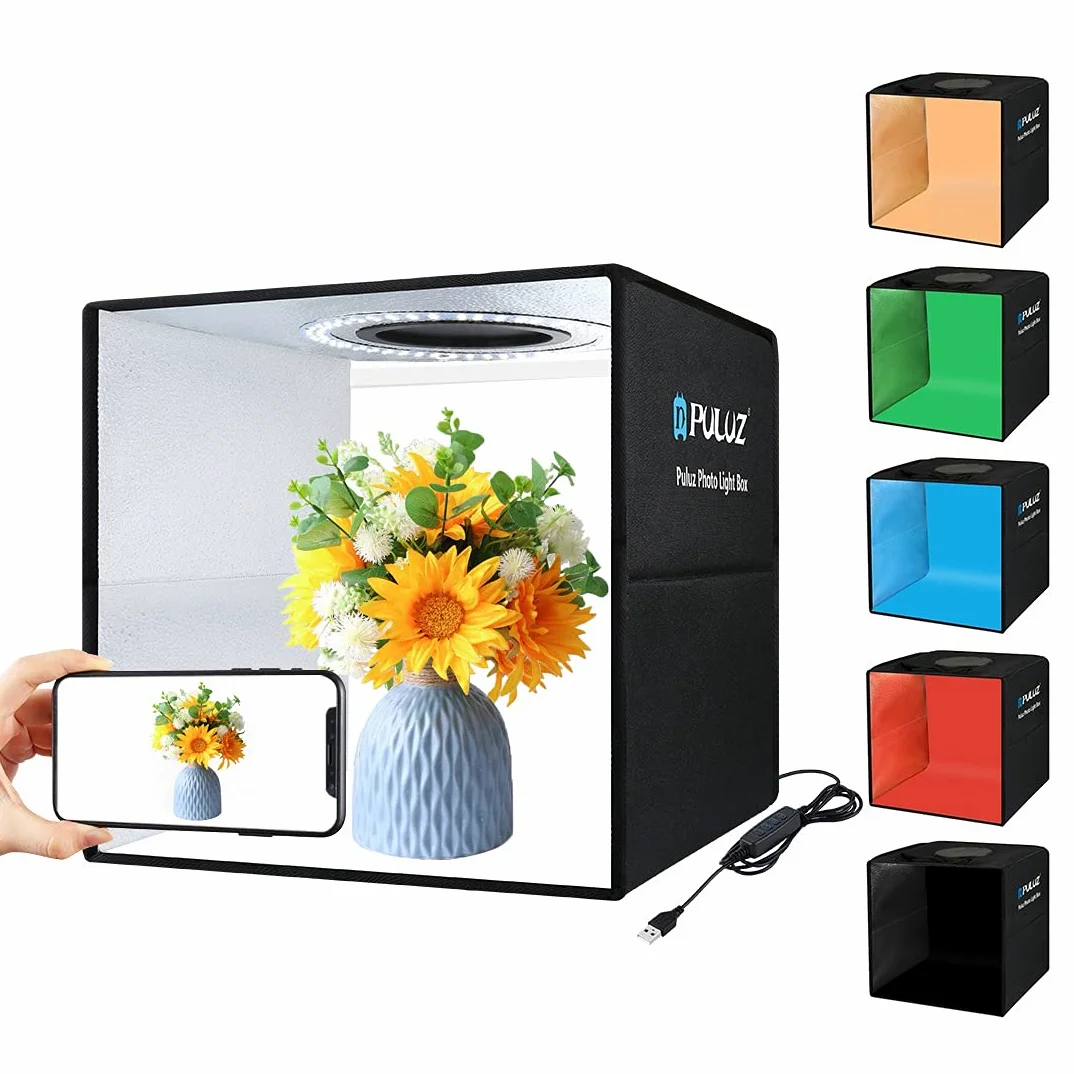 PULUZ Caja de luz de 30 cm para fotografiar Caja de luz plegable para estudio fotográfico con 6 fondos de PVC y tela de luz suave