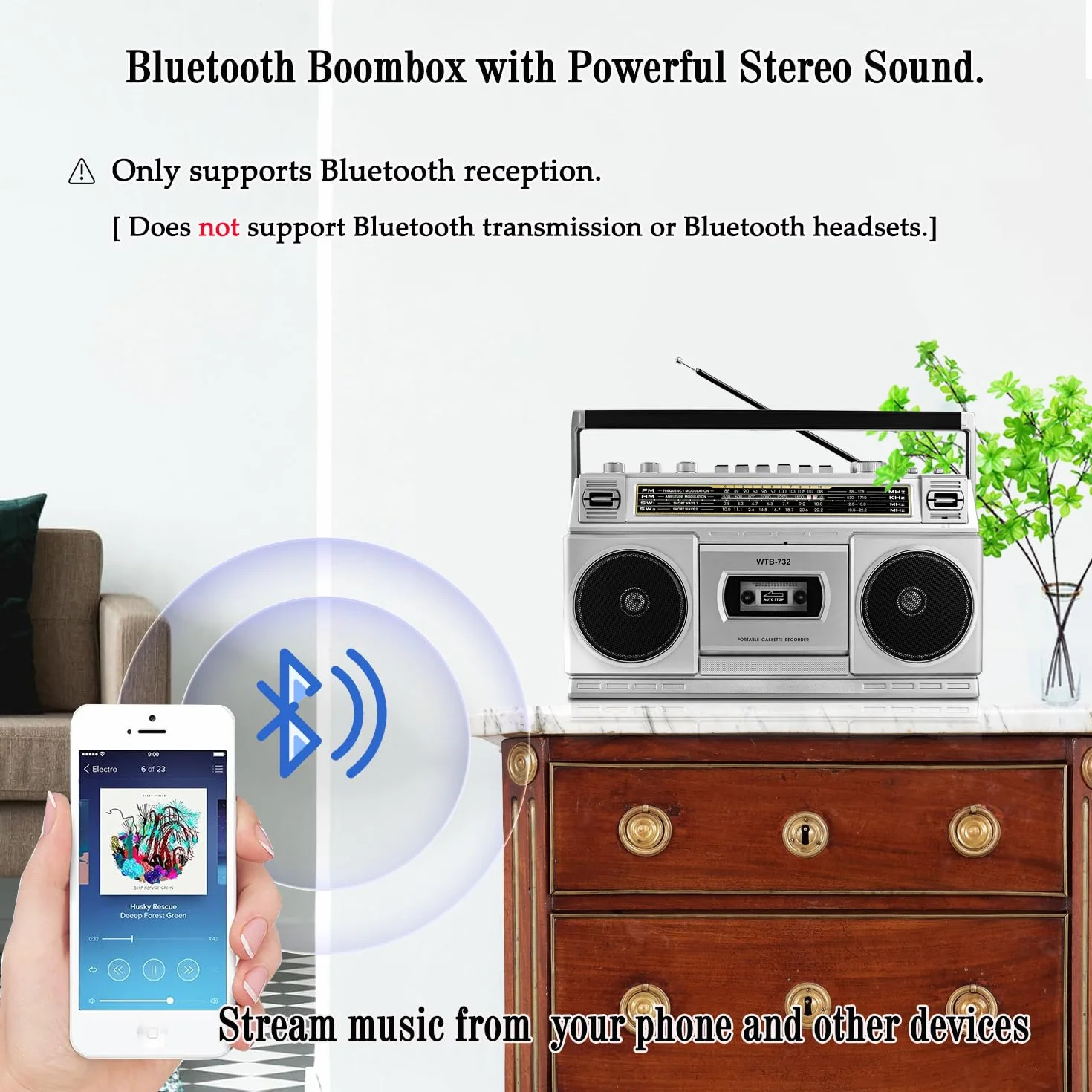 Boombox Retro de los 80 con Bluetooth y Reproductor de Casete | Radio Am/FM/OL, Sonido de Graves Potente 24W, Reproducción USB & Micro SD - Toma de Auriculares y Portátil para Interior/Exterior