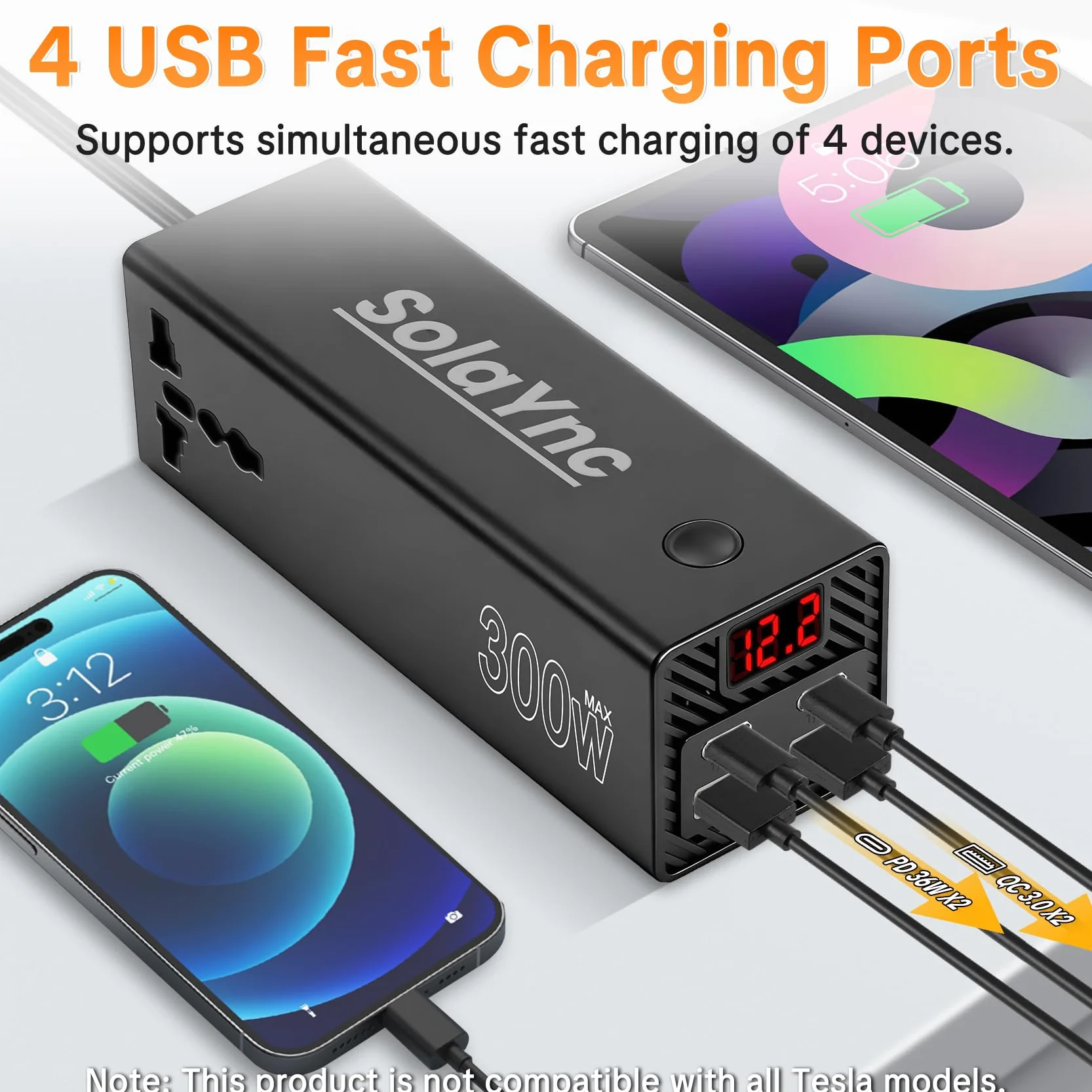 300W Convertidor de tensión para vehículos de 12 V/24 V a 230 V, con enchufes internacionales y Pantalla LED, 2 Puertos USB-A y 2 Puertos USB-C, Apto para Coches, Barcos y caravanas.