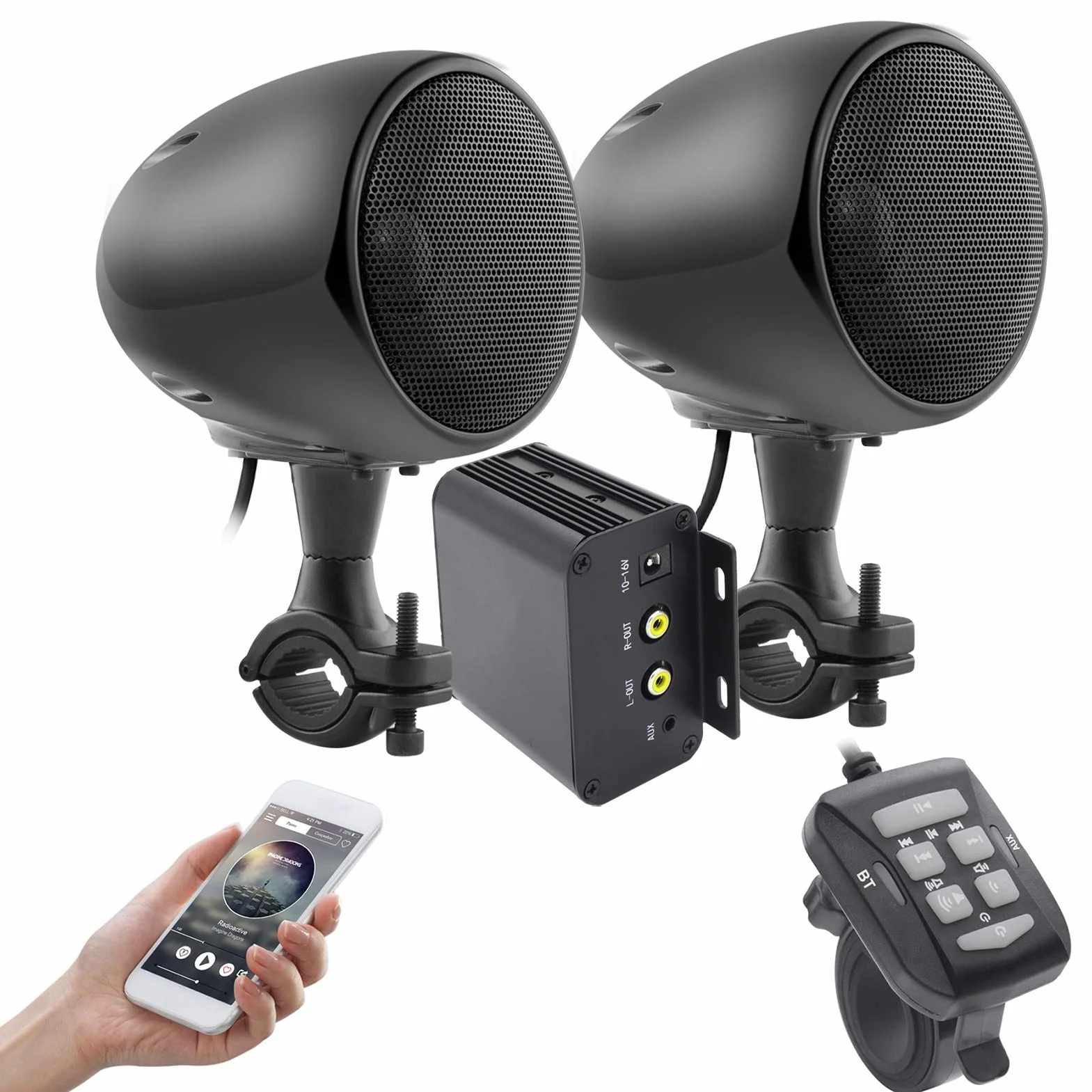 iMESTOU Amplificador de Motocicleta Sistema de Audio con AUX, MP3, Radio FM, 4 Pulgadas Rango Completo Impermeable Bluetooth Altavoces estéreo, Apto para Manillar de 1 a 1.5 Pulgadas, Motocicletas
