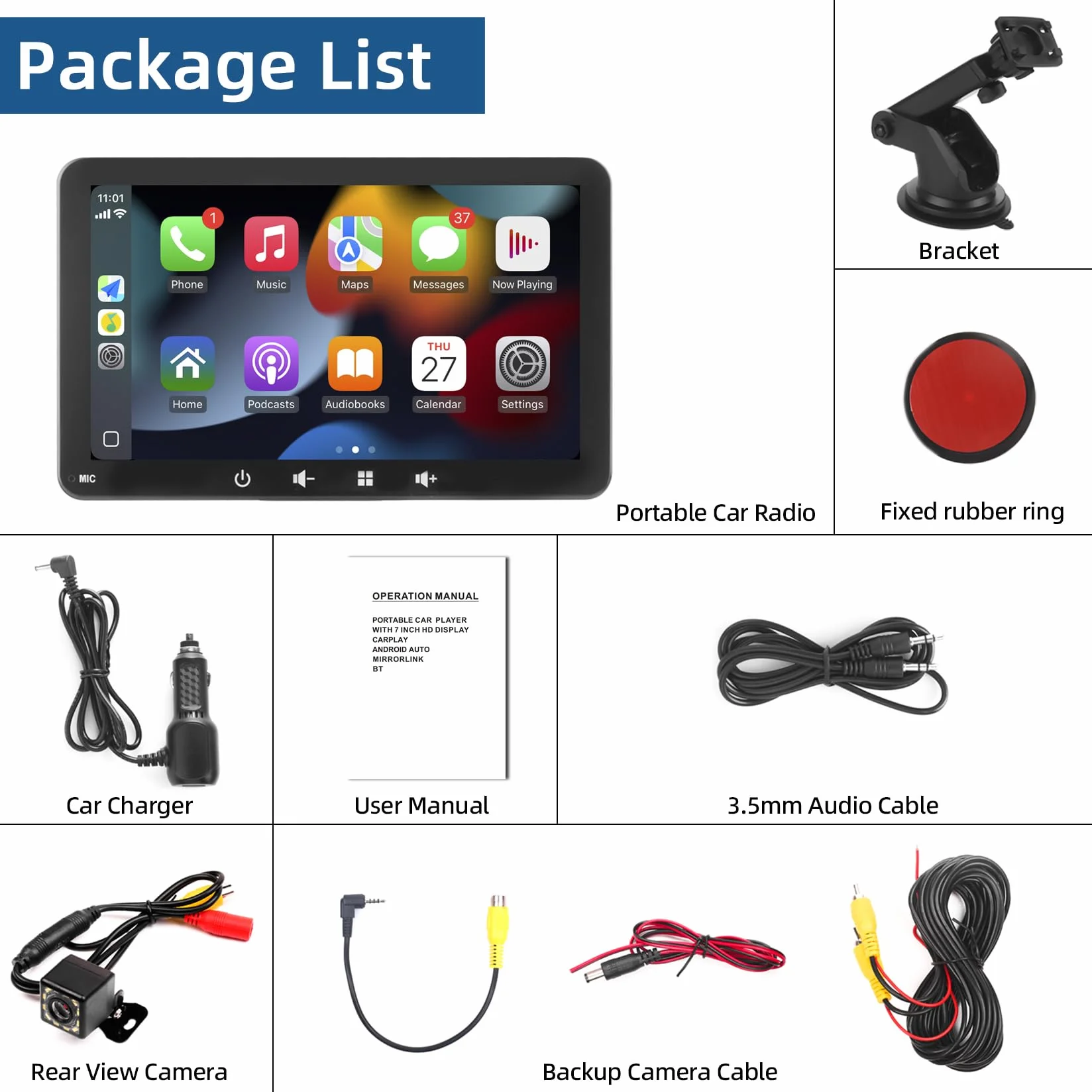 Pantalla Coche 7" con Carplay y Android Auto Inalámbrico - Radio Portatil con Pantalla Tactil | FM Transmisor, AUX, USB | Cámara Trasera | Plug & Play para la Mayoría de Coches (7 Pulgadas + cámara)