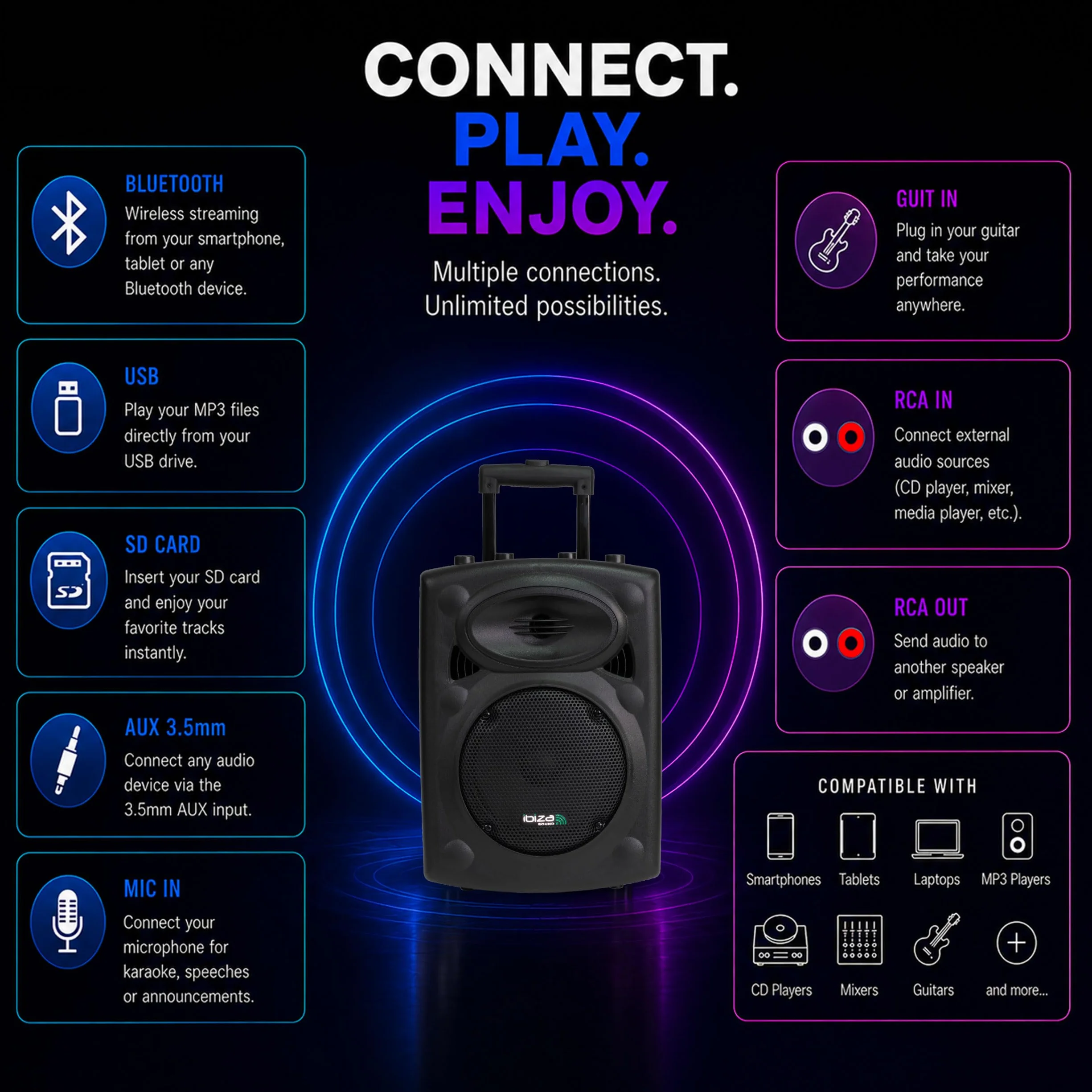 Ibiza Sound PORT8VHF-BT Sistema de sonido portátil 20 cm Bluetooth 200 W Negro
