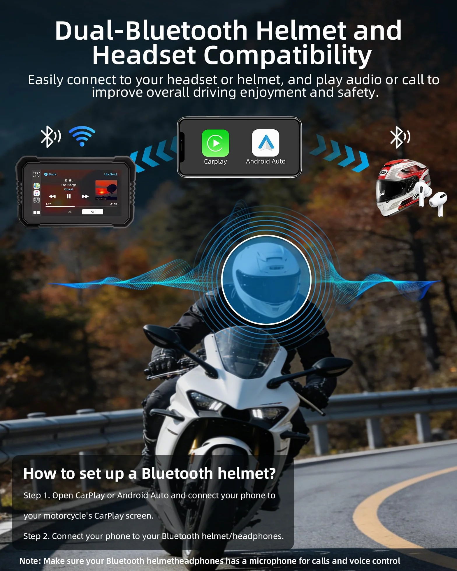 Jansite 6,25 Pulgadas Carplay Moto con 4K Dashcam GPS Navegador, Pantalla Android Auto Doble Bluetooth IP67