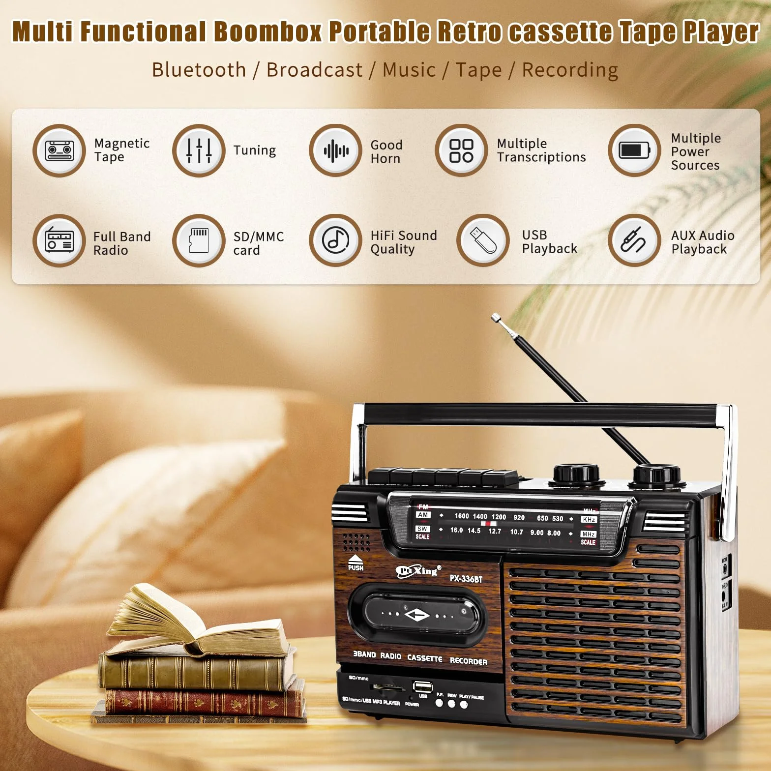 Reproductor de Cinta Portátil Retro Boombox con Radio AM/FM/SW y USB SD MMC Altavoces Incorporados (Grano de Madera)