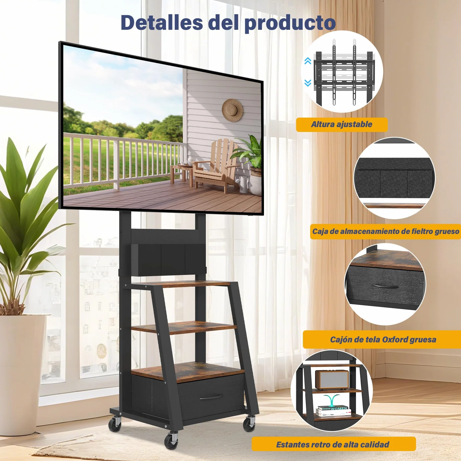 Soporte de TV con Ruedas, cajón y Almacenamiento, para TV Planas/Curvas de 23"-60", hasta 72kg, Altura Ajustable, Carrito móvil para TV, para hogar, Oficina, Exteriores, VESA máximo de 400 x 400mm