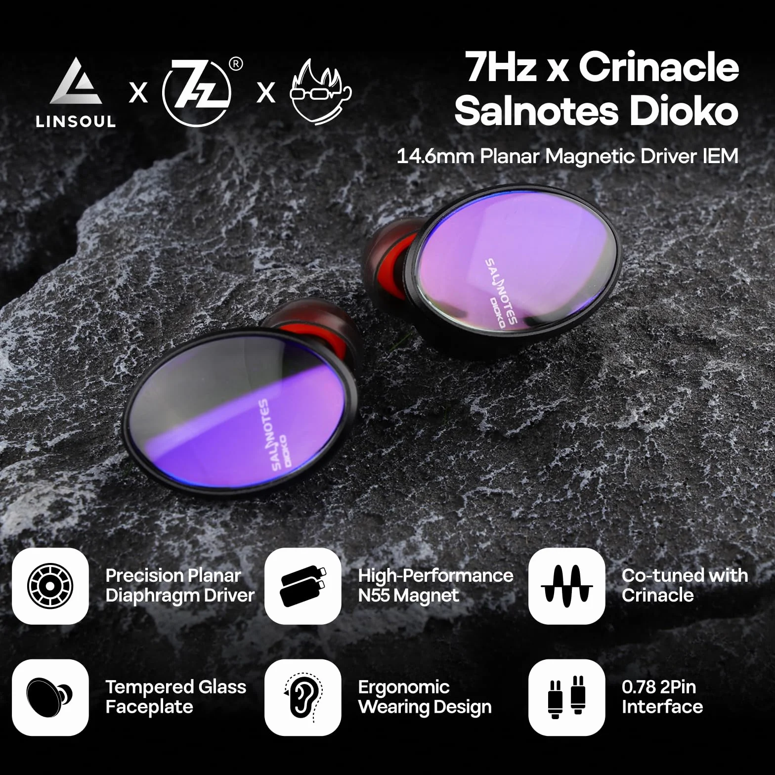 7Hz x Crinacle Salnotes Dioko IEMs 14.6mm Controlador de Diafragma Plano, Caja de Aluminio CNC Grado Aviación, Cable Cobre Litz OCC 4 Núcleos