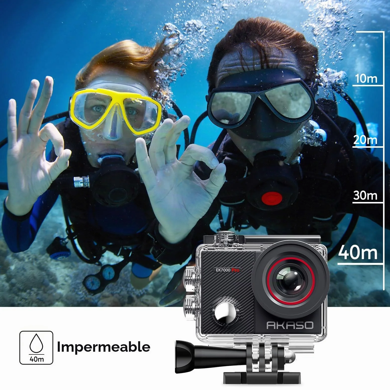 AKASO EK7000 Pro Cámara Deportiva 4K WiFi 20MP Cámara de Acción Sumergible con Empuñadura Flotante, 2 Baterías
