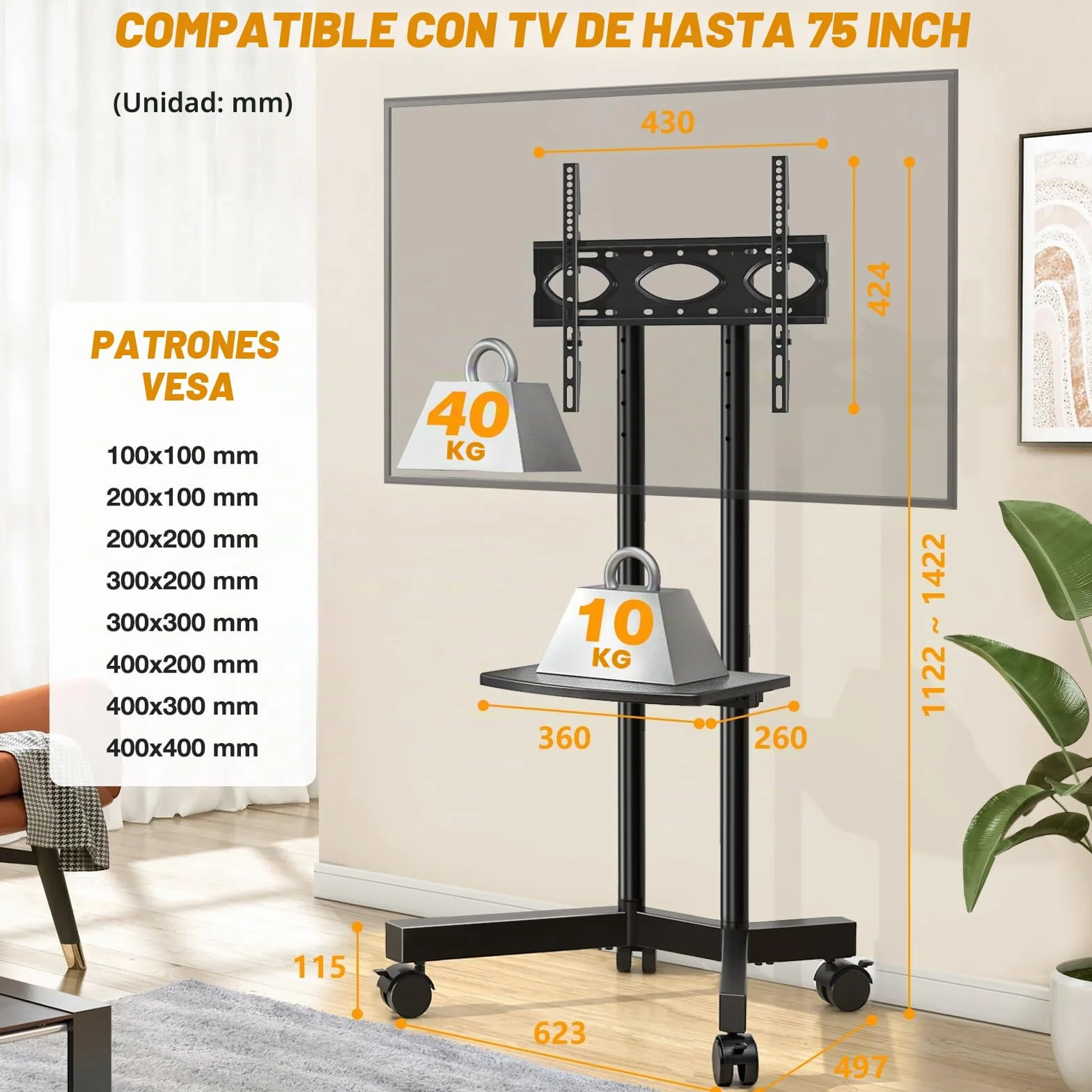 Soporte TV Pie Ruedas para Televisiones de 32-75 Pulgadas Plasma/LCD/LED, Altura Ajustable, VESA 400x400mm, 40 kg