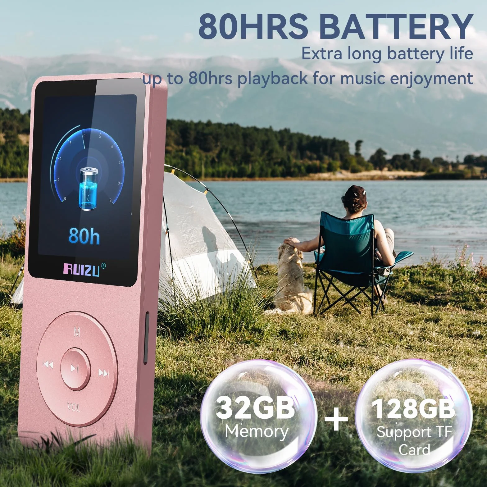 Reproductor MP3 de 32GB con Bluetooth 5.3, Ultraligero (30 Gramos), hasta 80 Horas de autonomía, Pantalla de 1,8 Pulgadas, Ideal para Deportistas, niños y Adultos, admite Tarjetas TF de hasta 128 GB