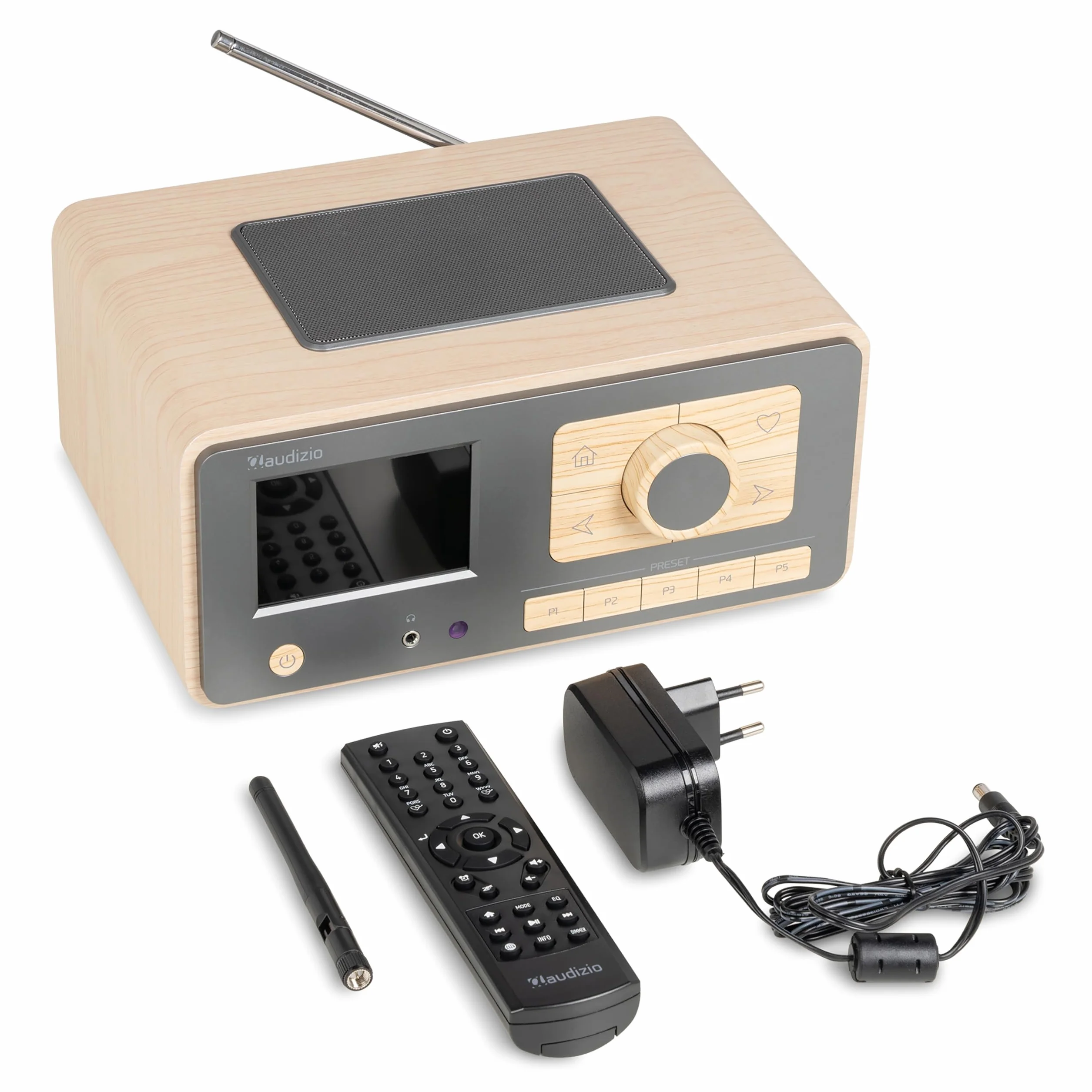 Audizio Dozza – Radio Dab+ FM Internet con Bluetooth 5.3, WiFi, 40W, Pantalla 3.5", Despertador, Mando a Distancia, Altavoz Radio Bluetooth con Gran Sonido para casa y Oficina, Color Bambu y Gris