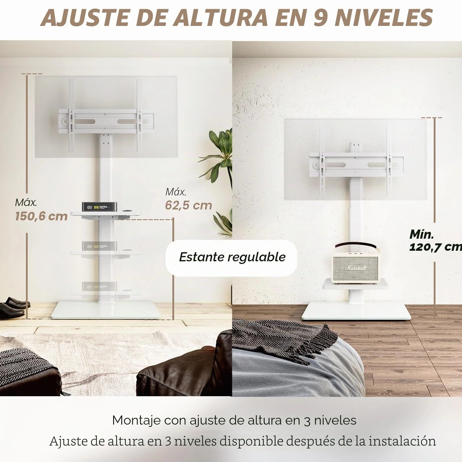 Soporte de TV universal para piso con montaje, giro de 70 grados, 9 niveles de altura ajustable y diseño que ahorra espacio para la mayoría de televisores LCD, LED, OLED de 27 a 65 pulgadas, blanco