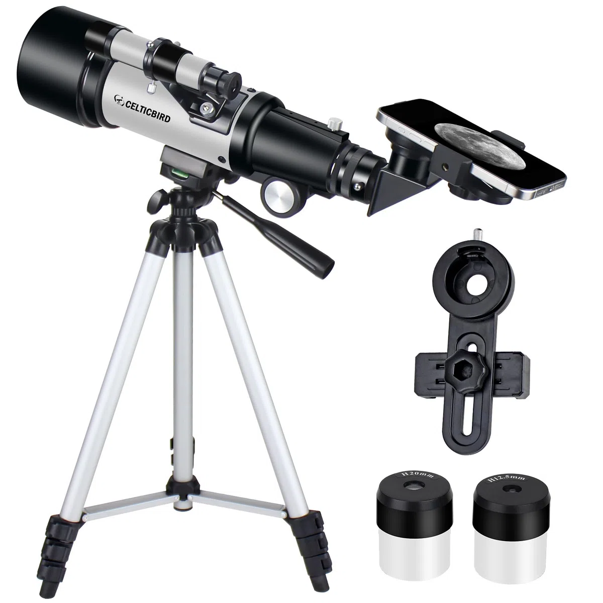CelticBird Telescopio de 70 mm de Apertura de 400 mm – Telescopio de refracción astronómica para Adultos y Principiantes (70400 Gris)