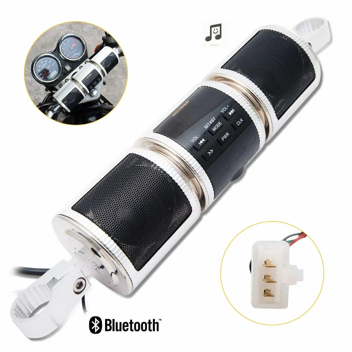 Riloer 12V Motocicleta Bluetooth Audio Sistema de Sonido, Impermeable Motocicleta MP3 Stereo Audio Radio Sonido Kit de Altavoces con Abrazadera de Montaje, Plata