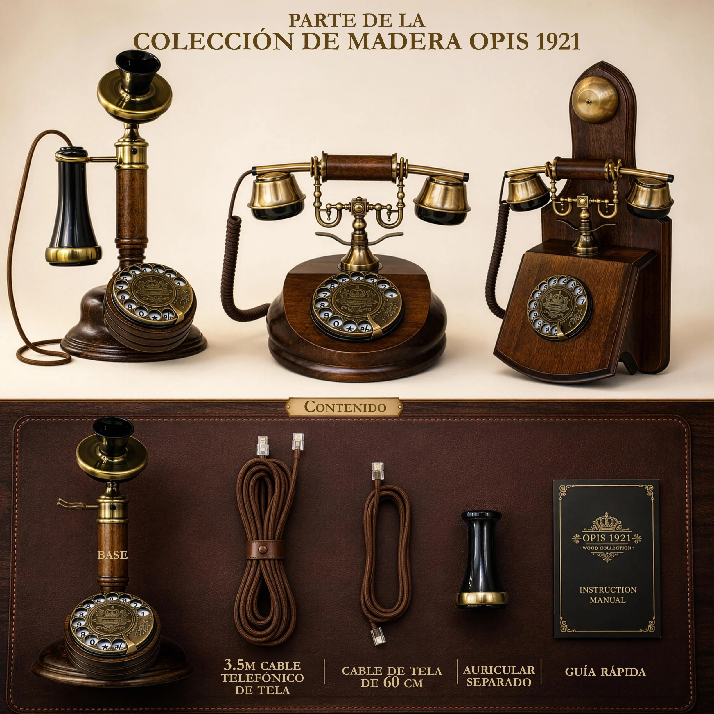 Teléfono Candelabro Vintage de Madera Opis Technology 1921 Cable Modelo C con Dial Giratorio