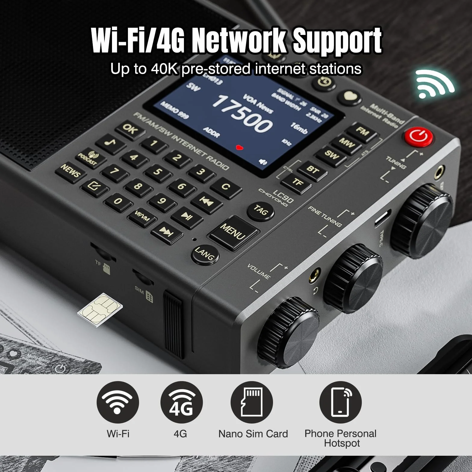 CHOYONG LC90 - Radio de Internet Wi-Fi/4G, Radio portátil FM/LW/MW/SW con batería Recargable de 5000 mAh, Estaciones de Radio 40K, Altavoz BT, Reloj Despertador, Altavoces estéreo de 15 W, Compatible