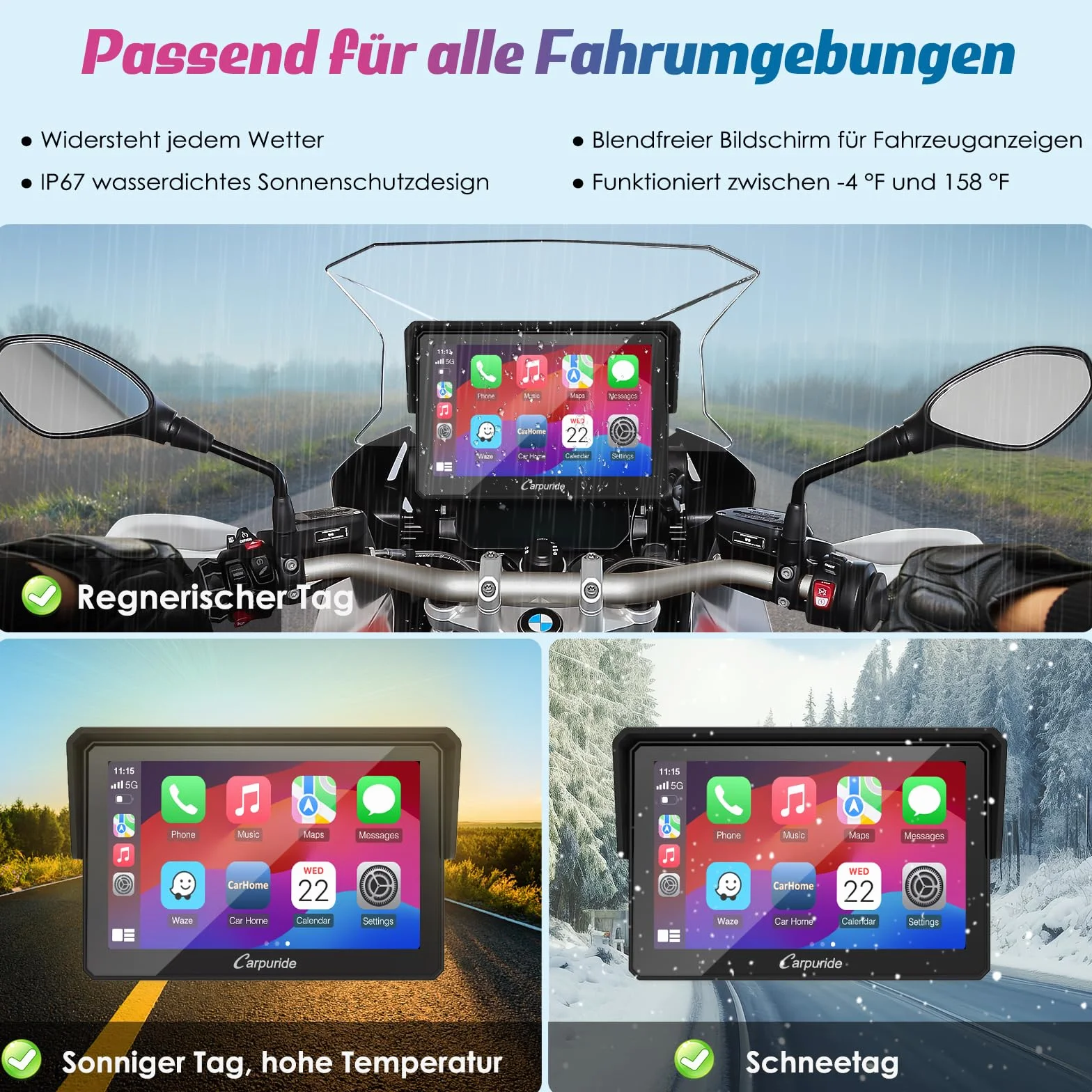 Carpuride W502B Pantalla Carplay BMW Motocicleta R1200GS R1250GS S1000XR, 5 Pulgadas Táctil Impermeable, Navegación GPS Portátil Carplay/Android Moto Bluetooth Dual