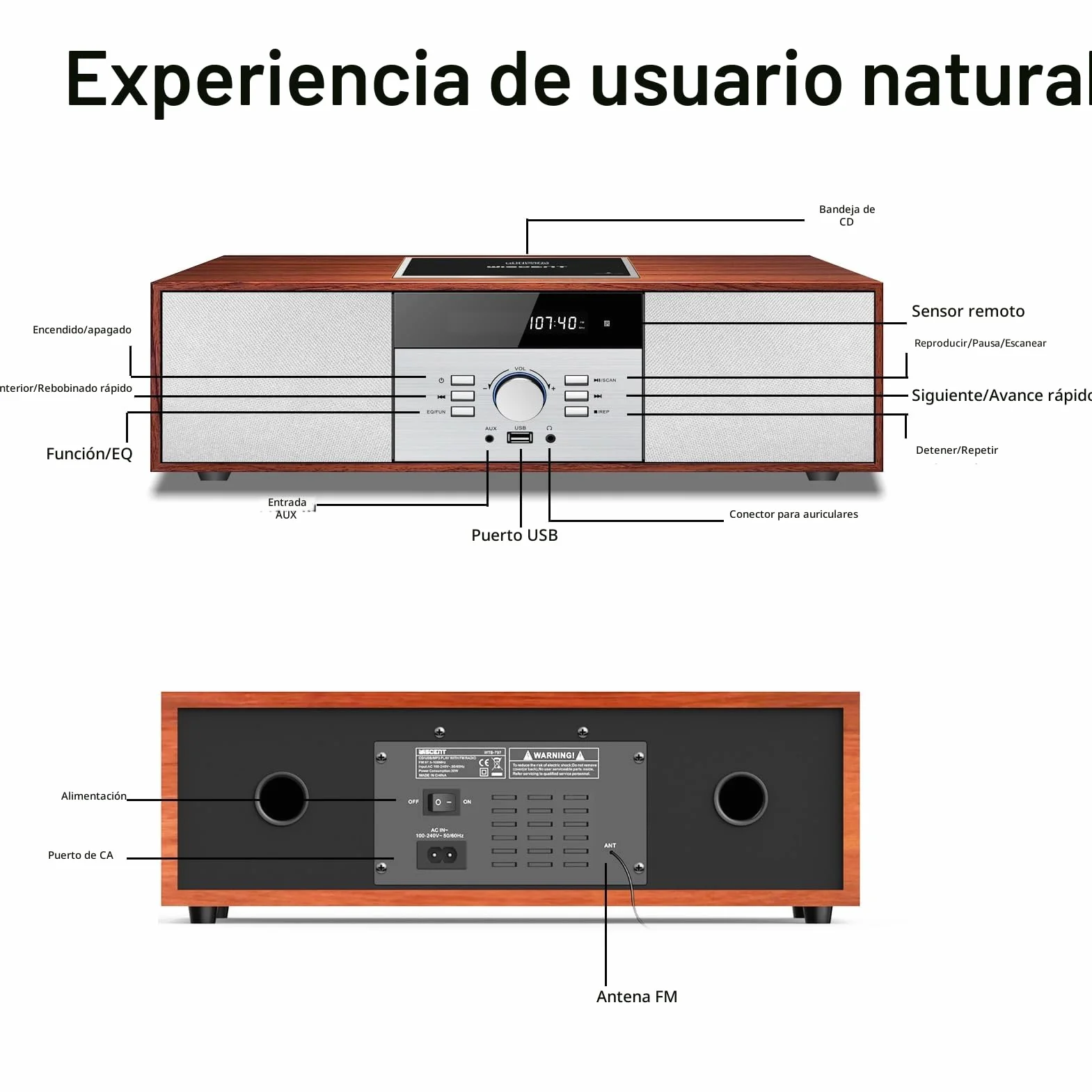 WISCENT Reproductor de CD 30 W RMS con Bluetooth Radio FM USB AUX