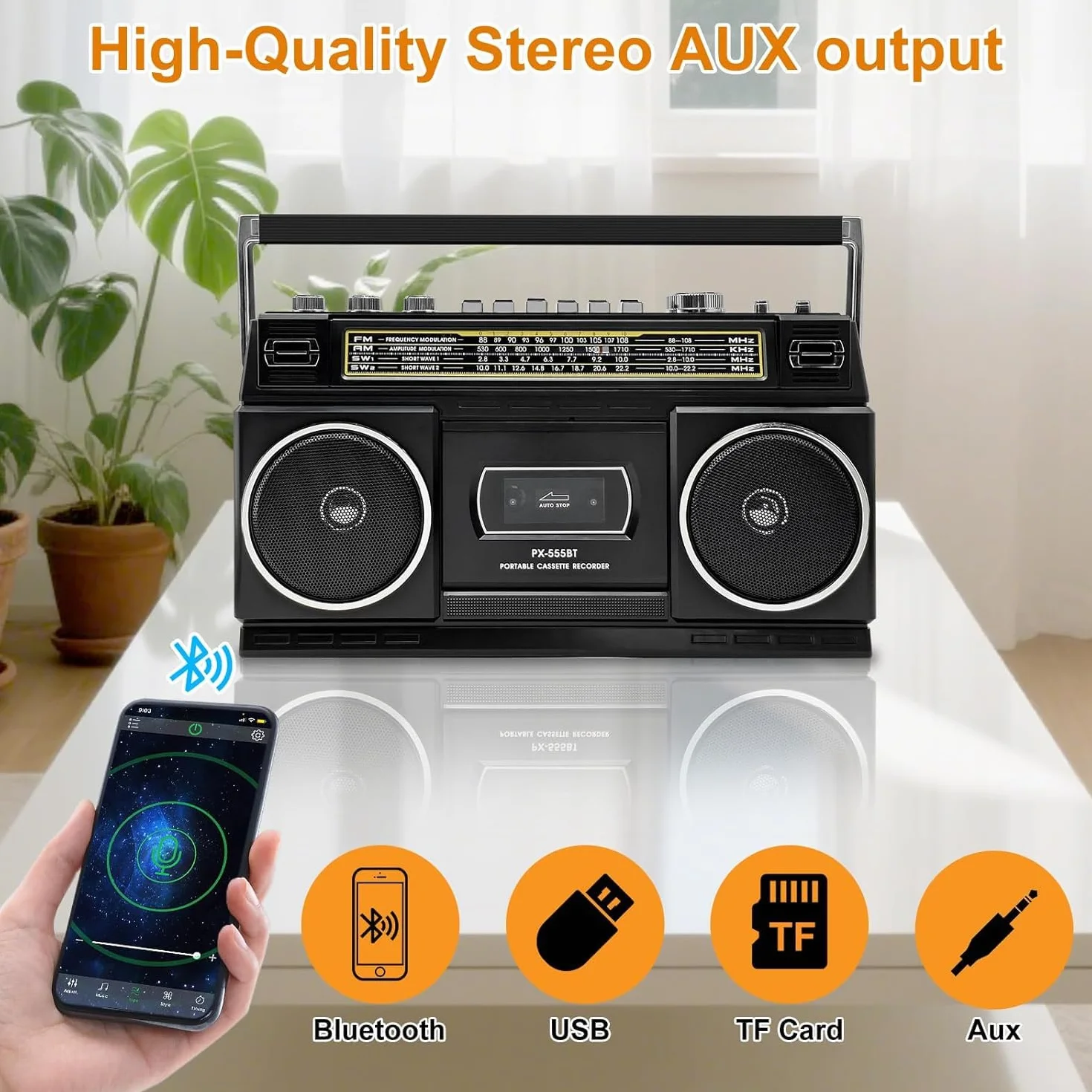 Reproductor de casetes con Bluetooth y radio (AM/FM/SW) | Digitalización de casetes a USB | Sonido estéreo, 10W, reproductor de casetes, reproducción USB/TF, alimentación por red/batería Boombox