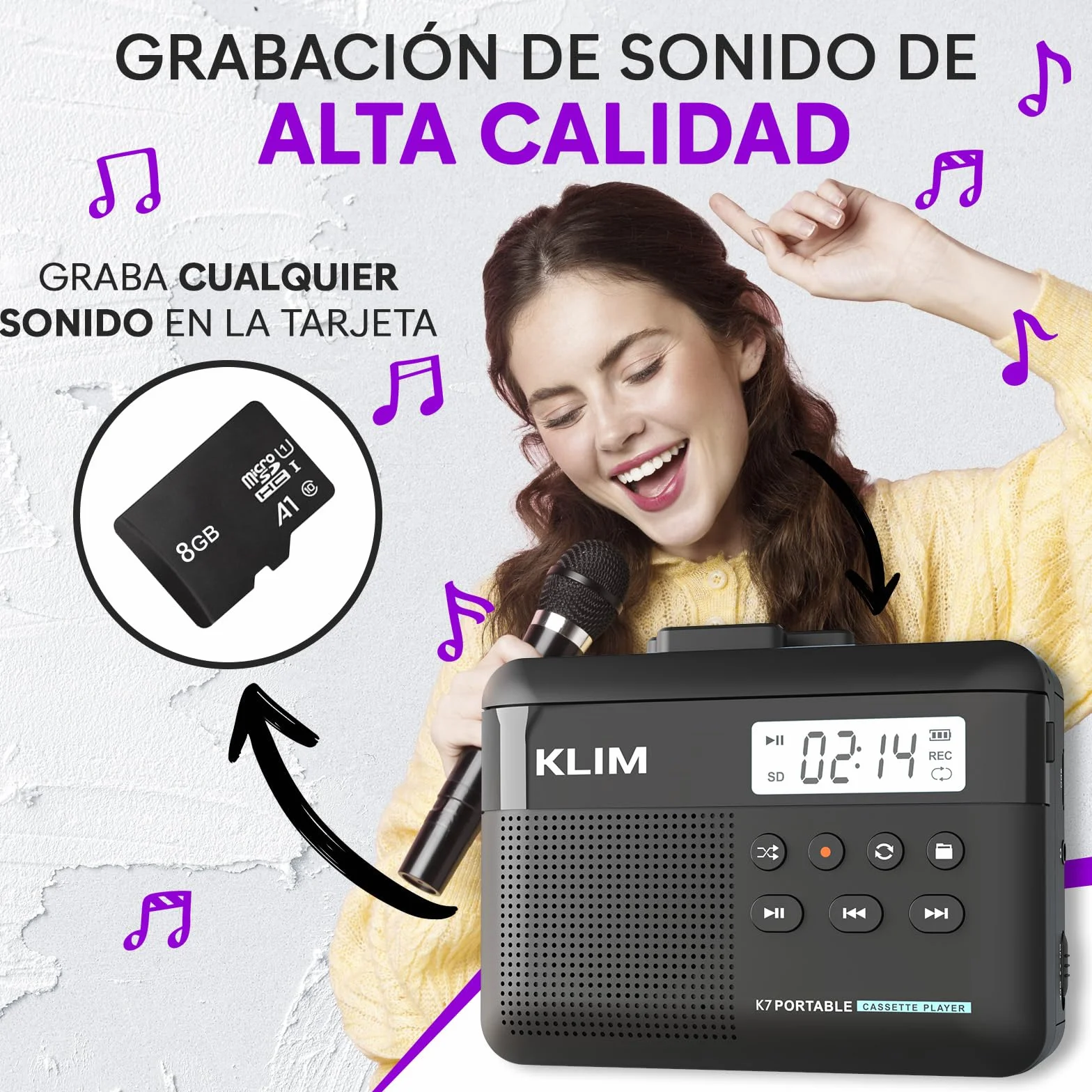 KLIM K7 Reproductor Cassette Portátil a MP3 con Micrófono y Altavoz Integrados, Batería Recargable, Auriculares, Tarjeta SD 8 GB Negro