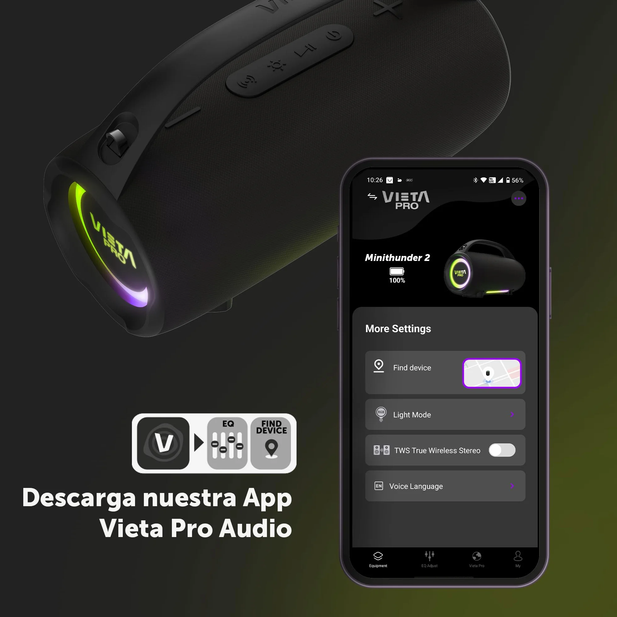Vieta Pro Mini Thunder 2 Altavoz Bluetooth Potente 100W IPX6 Impermeable, 15h Batería, Luces RGB, Sonido Estéreo TWS