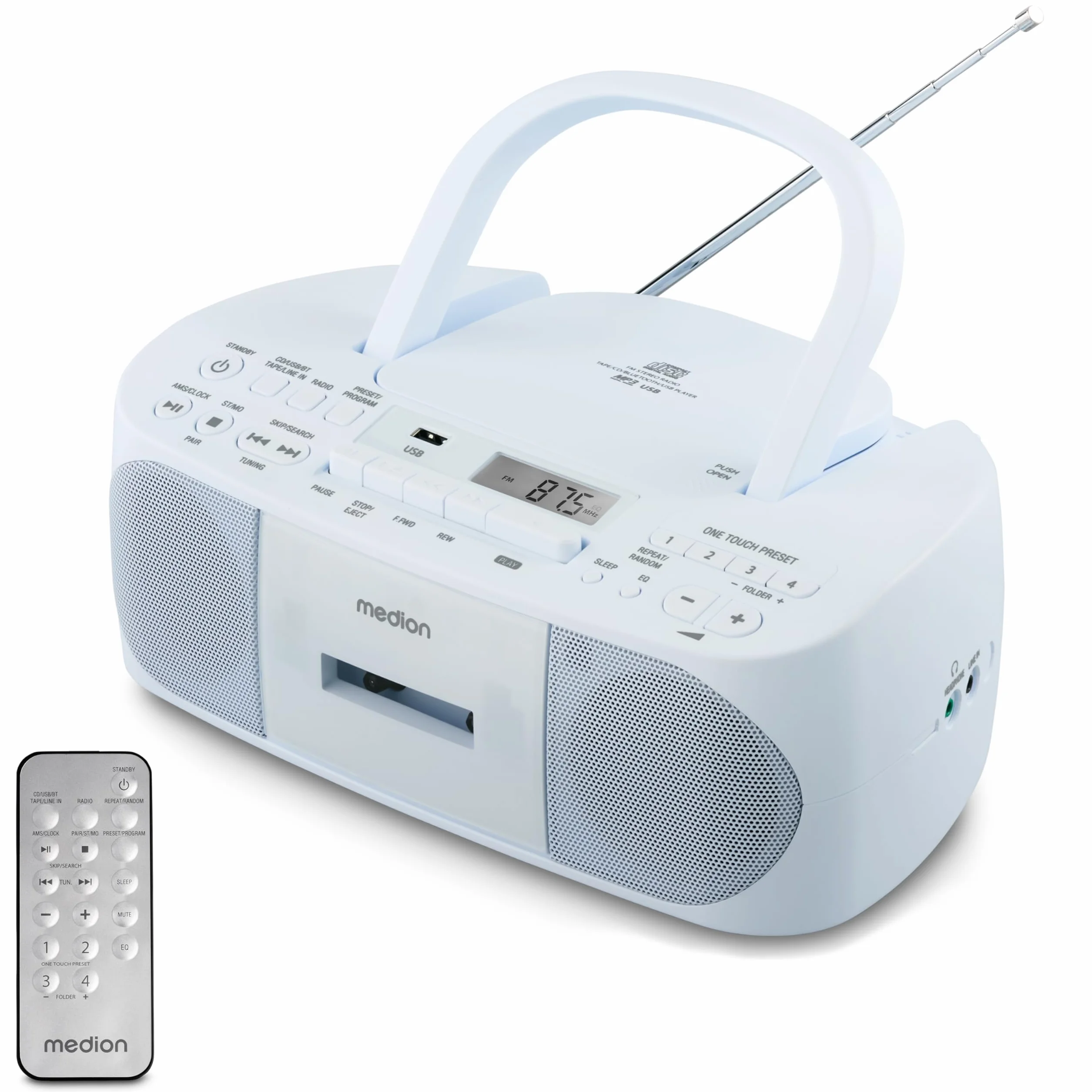 MEDION E65010 Radio estéreo (Reproductor de CD, Casete, conexión USB, Entrada de Audio AUX, reproducción MP3. Radio FM PLL, Memoria para 40 emisoras, Funcionamiento con Pilas, Mando a Distancia) Azul