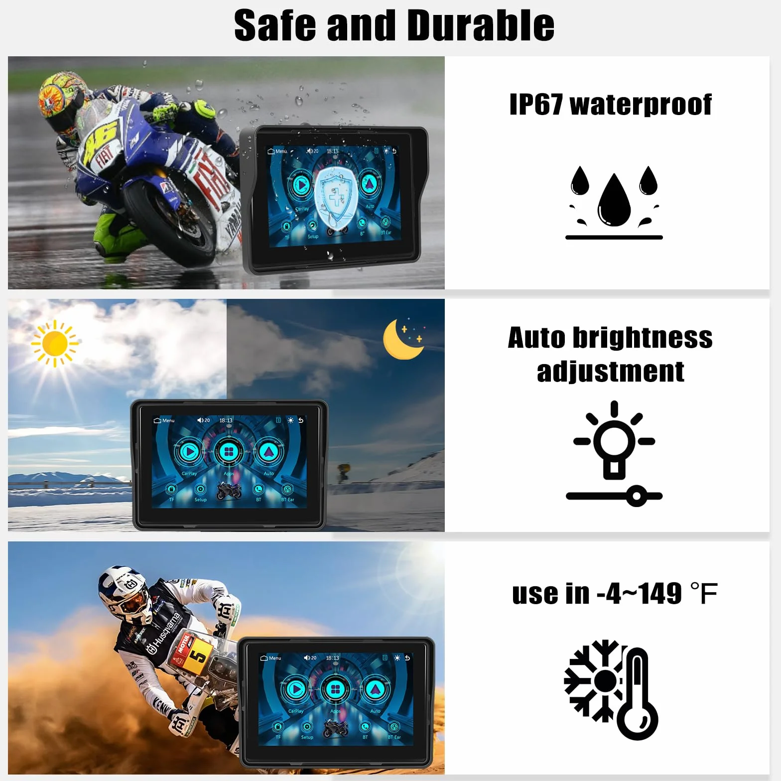 CAMECHO Carplay Moto Navi Display 5 Pulgadas HD Pantalla Táctil Impermeable Motocicleta Navegación Wireless Android Auto Bluetooth GPS