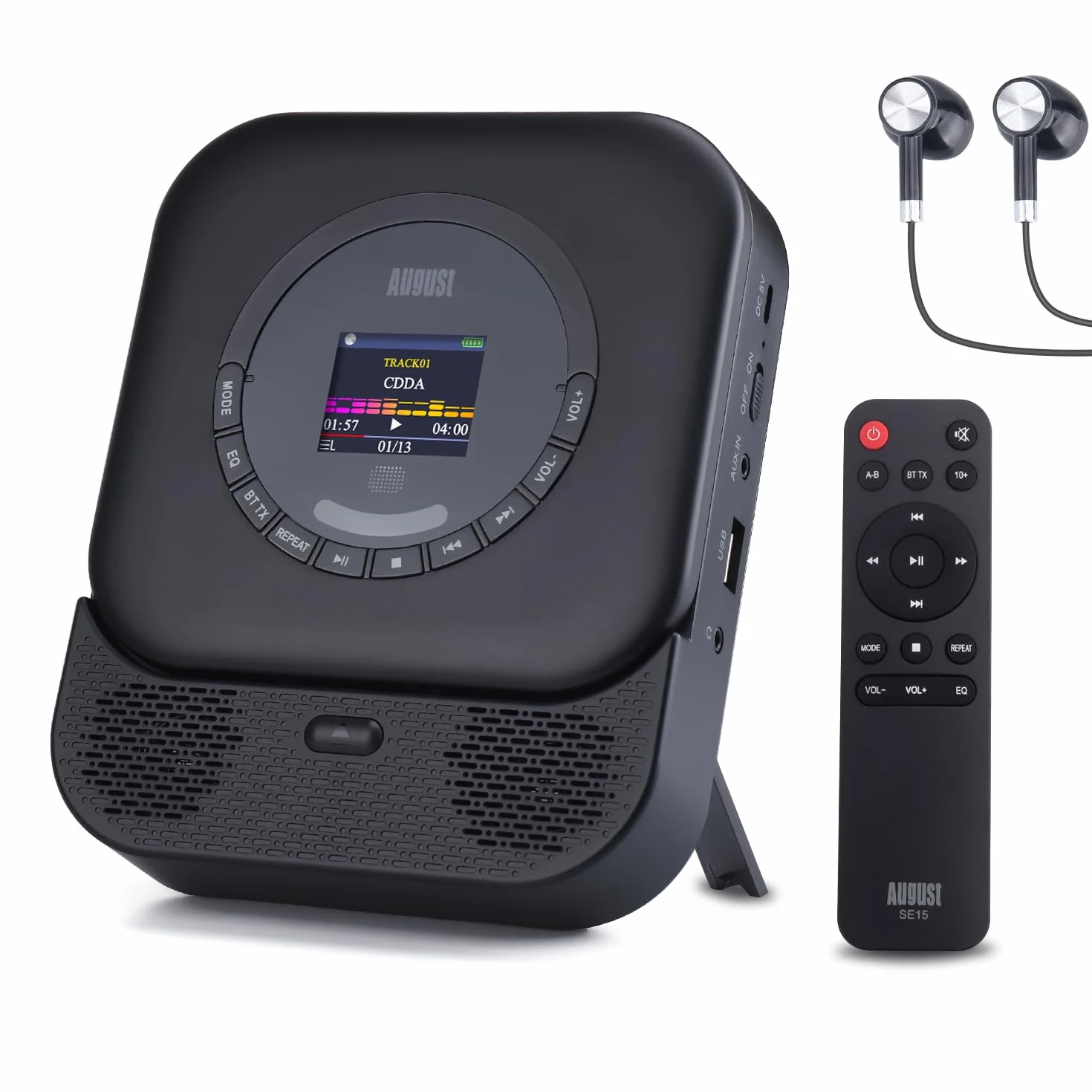August SE15 Reproductor de CD Portátil con Bluetooth 5.3, USB, AUX In/out, Leitor CD Altavoces Estéreo 6W, Recargable Lector CD, EQ, Antigolpes, Repetición, Montaje en Pared, Auriculares y Mando