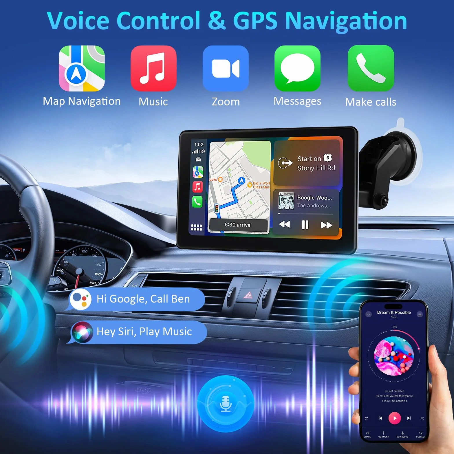 Pantalla Coche con Carplay y Android Auto Inalámbrico, 7 Pulgadas Táctil Pantalla Carplay Coche, Portátil Radio con Bluetooth 5.3, Navegación GPS, Enlace Espejo, Airplay, Control de Voz, FM, AUX