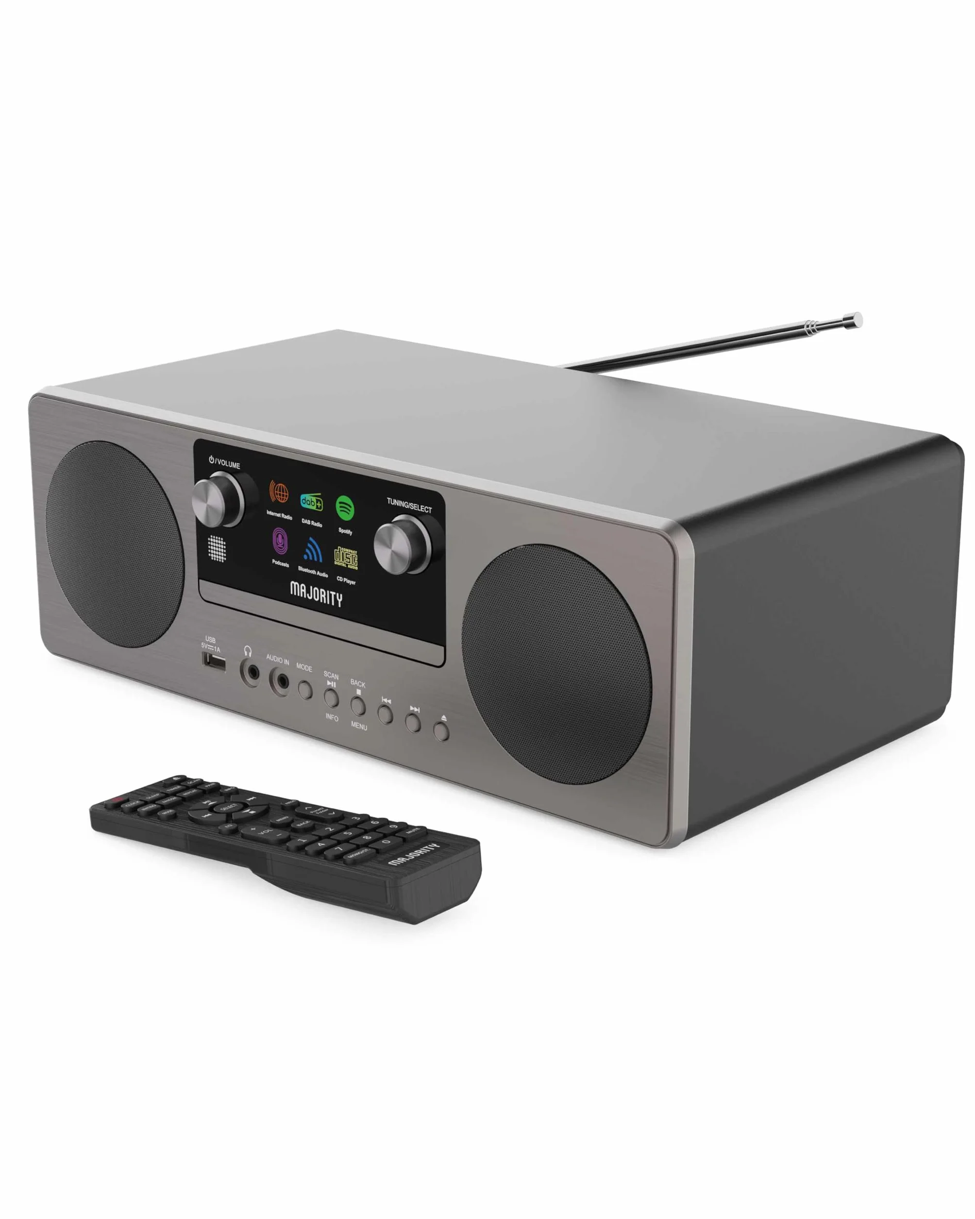 MAJORITY Humboldt Internet Radio Dab+ Reproductor de CD Sistema de Música I Spotify Connect I Bluetooth I Podcasts I Reloj Despertador Dual