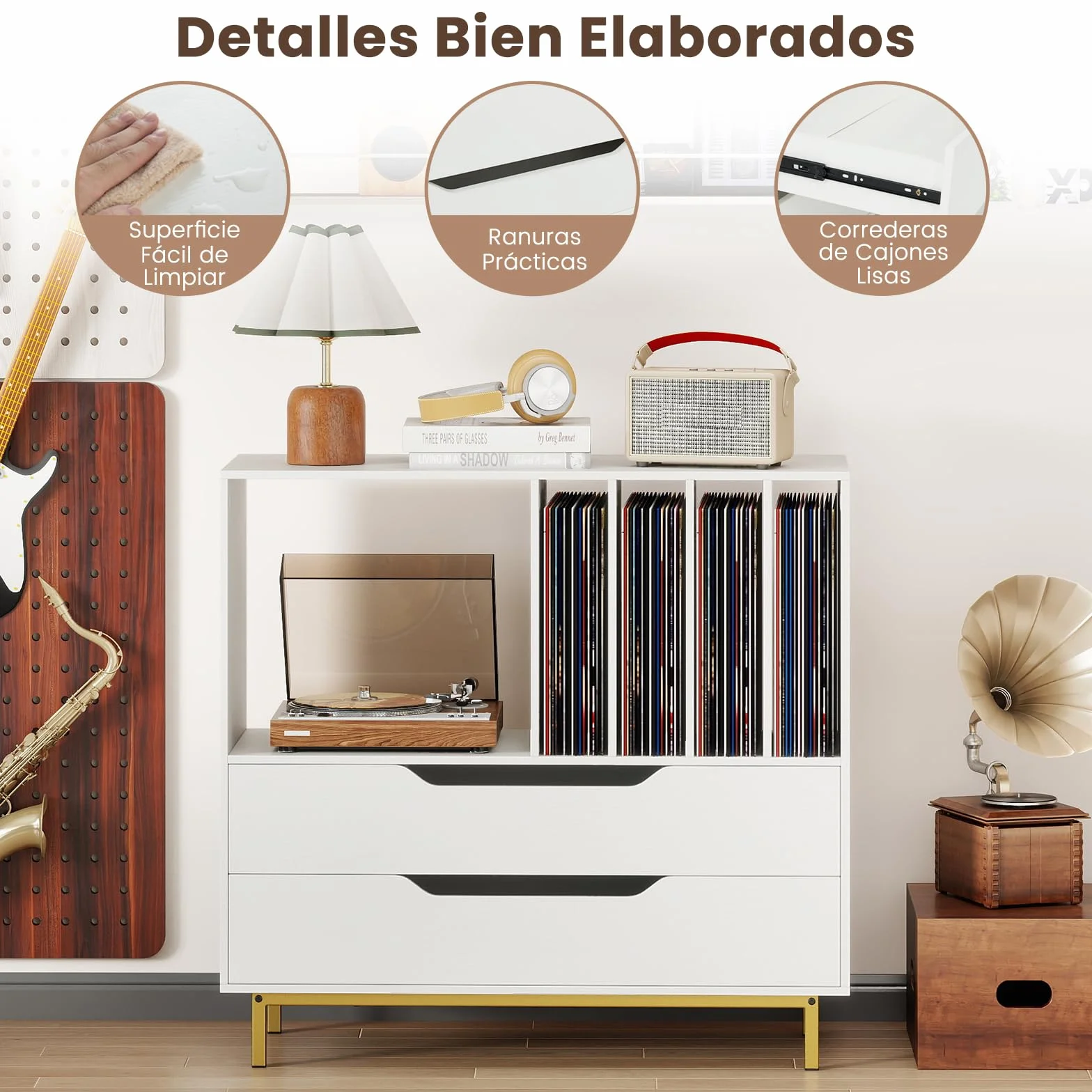 COSTWAY Mueble Tocadiscos, Soporte para Tocadiscos con Compartimento Abierto, 4 Estantes de Vinilos, 2 Cajones y Patas de Metal, Mesa Auxiliar de Discos Vinilos para Salón, 91 x 36 x 87 cm (Blanco)