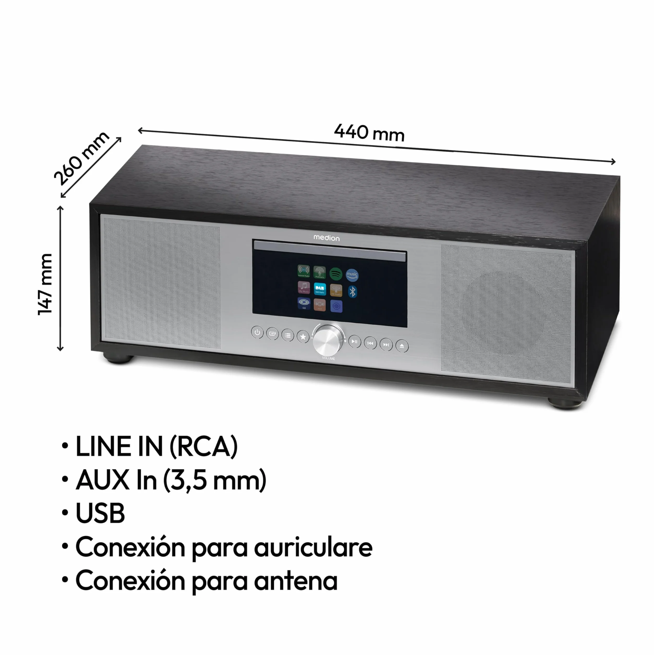 MEDION P66400 Sistema de Audio 2.1 All in One con Subwoofer Plata Radio Internet Dab+ CD MP3 Spotify