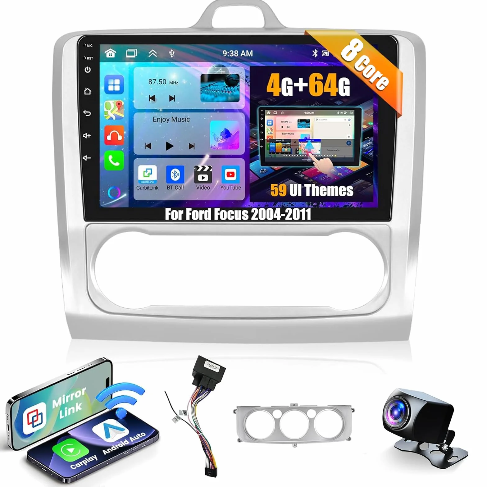 Inefala 8 Núcleos 4+64G Android 15 Radio para Ford Focus 2004-2011, 9 Pulgadas HD Pantalla Táctil con CarPlay y Android Auto, GPS, Cámara Trasera