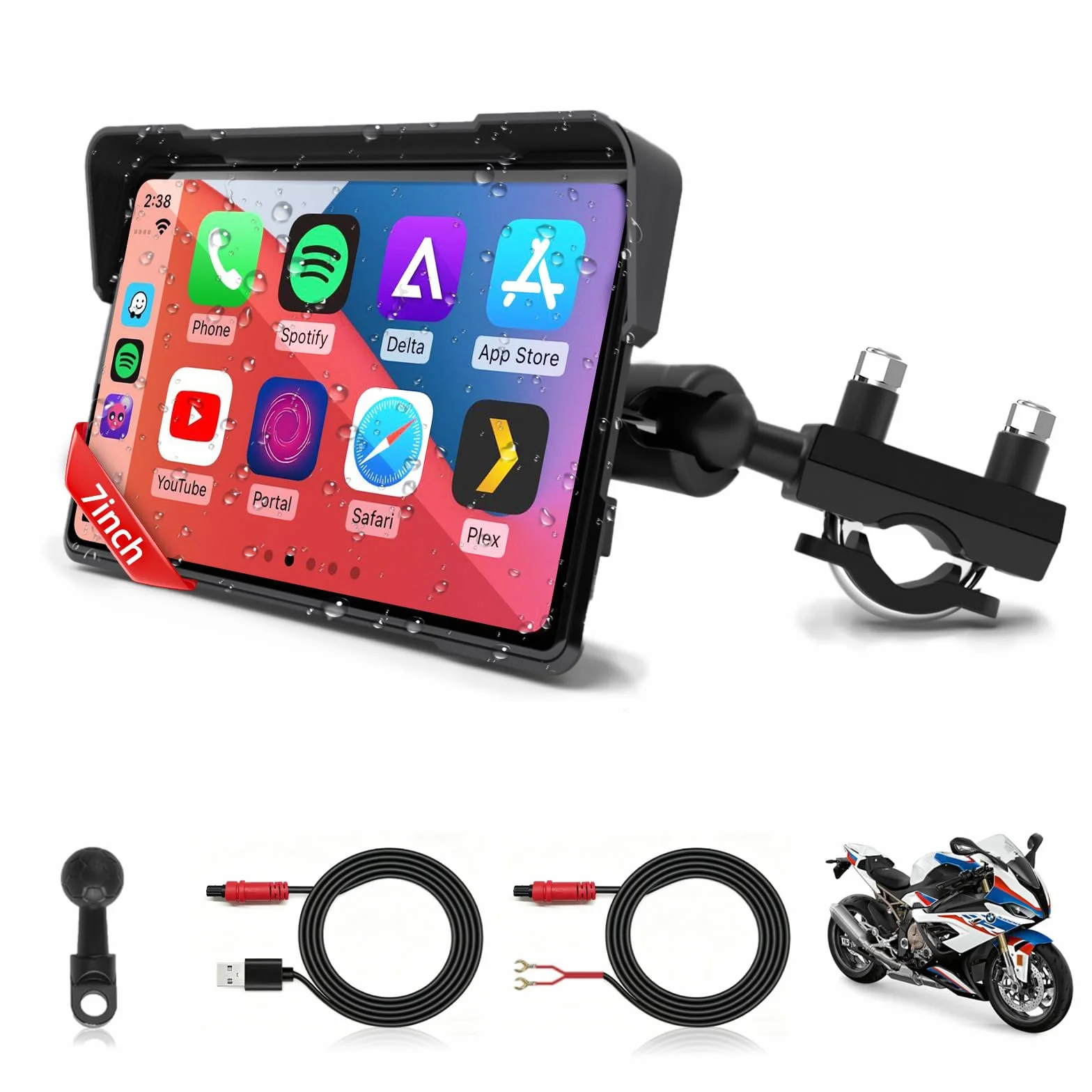 Jansite 7 Pulgadas Carplay Moto con 2 Métodos de Alimentación, Android Auto Navegador GPS con Pantalla de Motocicleta Impermeable 2.5D IPS, Bluetooth Dual Siri/G-oogle Assistant