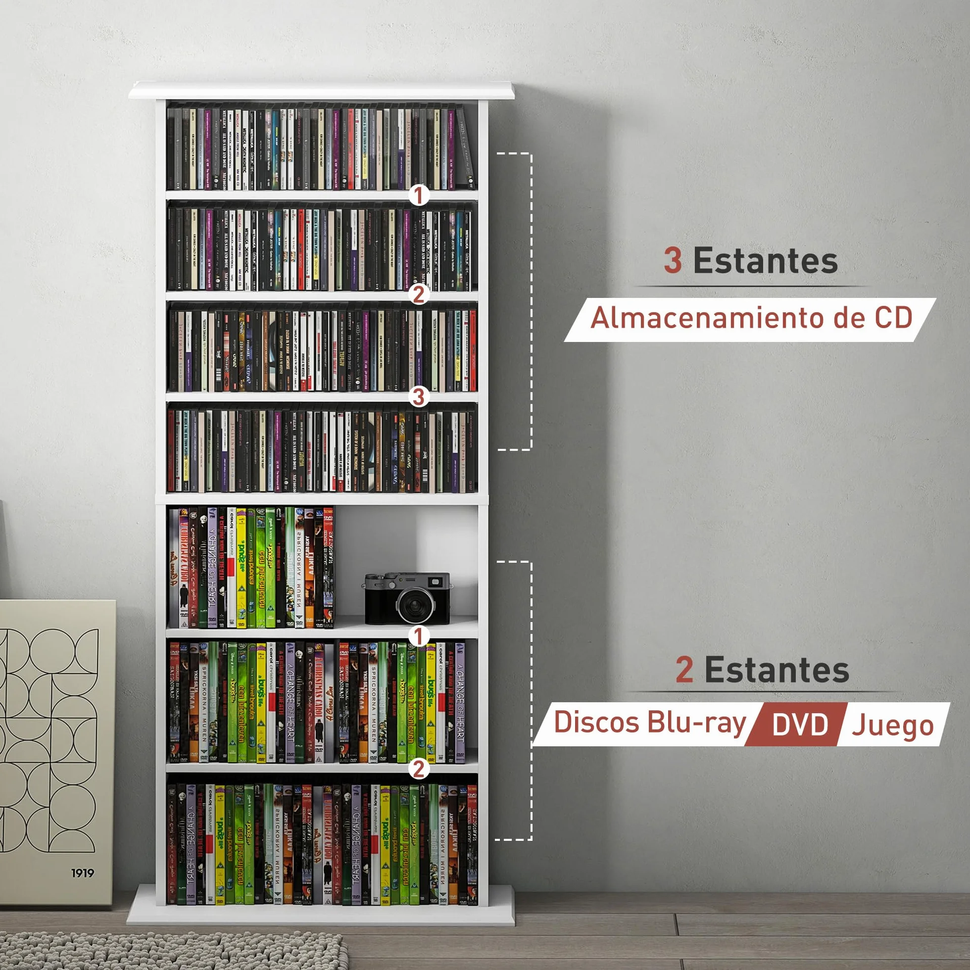 HOMCOM Estantería para CDs y DVDs Soportes para CD Estrechos con 8 Compartimentos Estantes Ajustables para Salón Oficina 58x24x126,3 cm Blanco