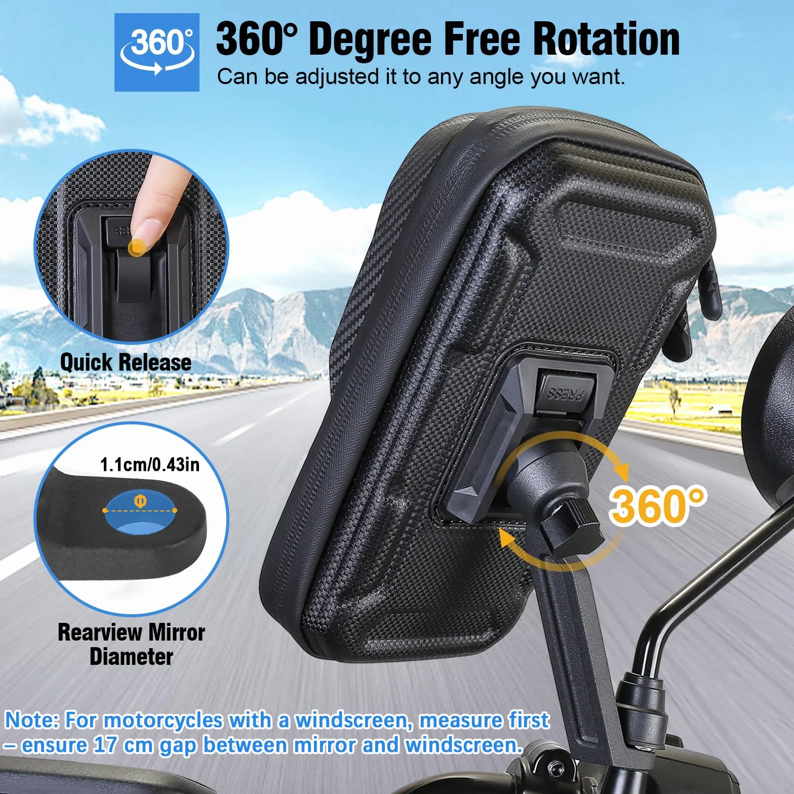 Soporte Movil Moto, Soporte Movil Scooter 360° Rotación Porta Móvil Moto Impermeable para Retrovisor con Pantalla Táctil para 4,0-7,2" Teléfono (Negro)
