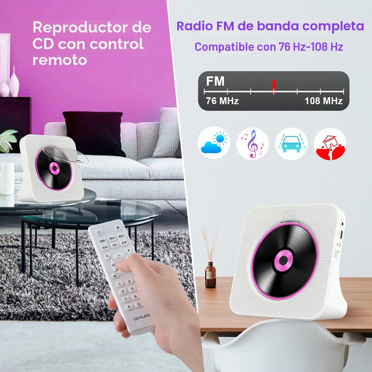 Reproductor de CD Portátil con Bluetooth y Batería 4000mAh Altavoces Radio FM Mando a Distancia