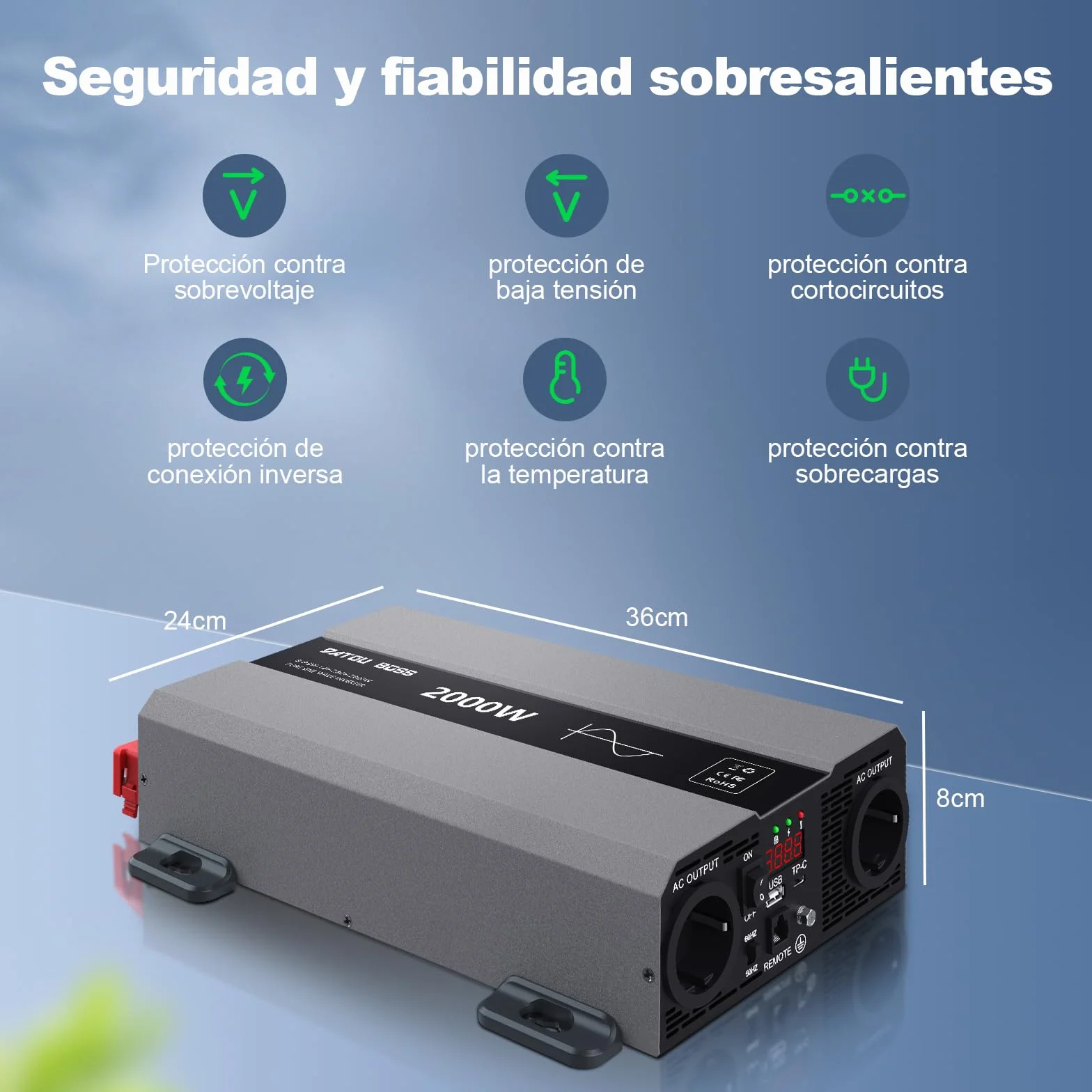 DATOUBOSS Inversor 24V 220V 2000W Onda Sinusoidal Pura, Convertidor 4000W(Pico) con 2 Enchufes de la UE, Transformador con USB-A y USB-C, Pantalla LCD,Mando a Distancia, para Coches, Camiones, Camping